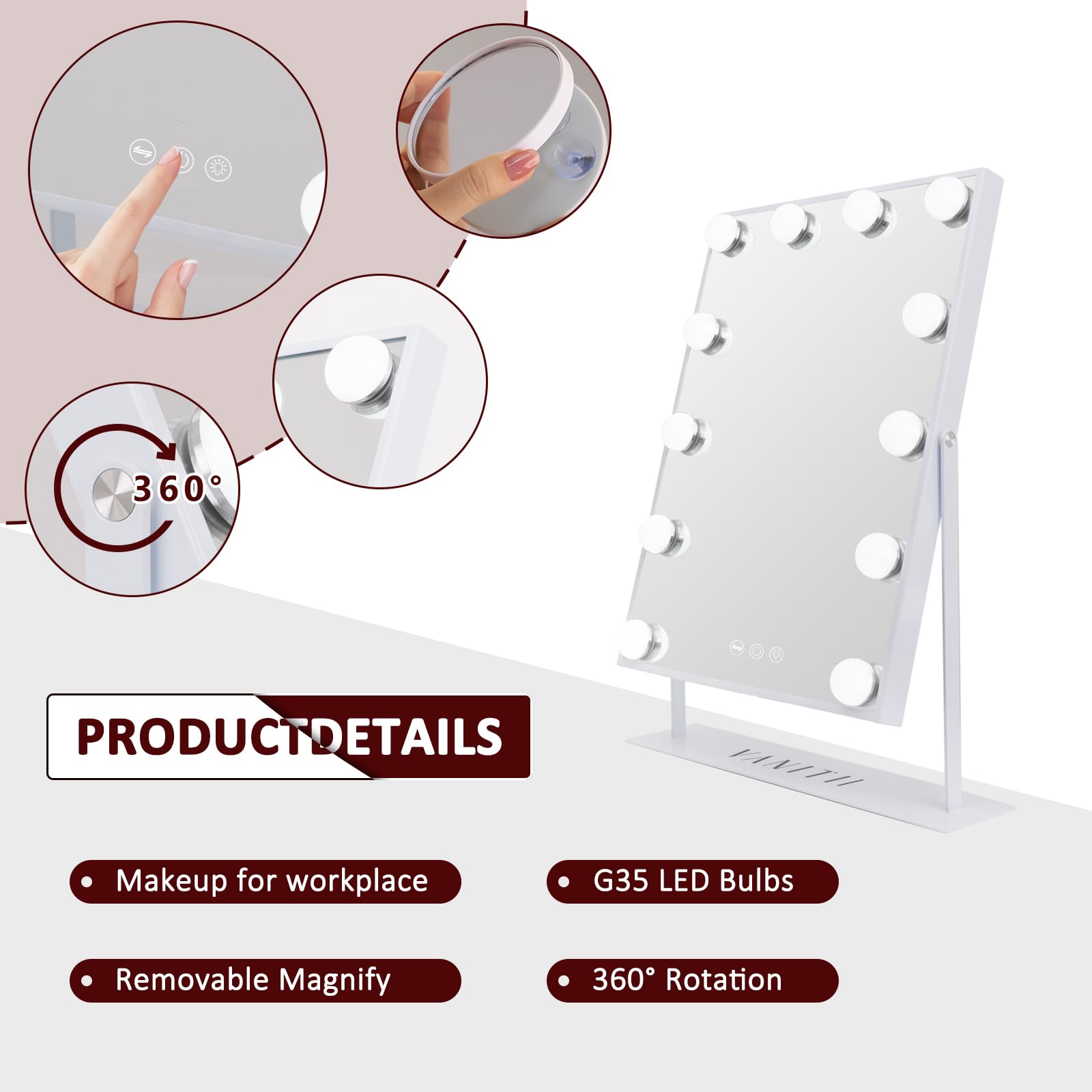 Vanitii Lighted Vanity Hollywood Mirror With Lights Makeup Mirror With 12 Dimmable Bulbs Smart Touch Control 3 Colors Light For
