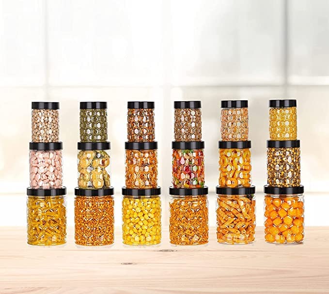 Meelana Checkers Jars And Containers Set Plastic For Kitchen Storage Set Of 12,18,24 1200 Ml, 650 Ml, 350 Ml Transparent Suitabl