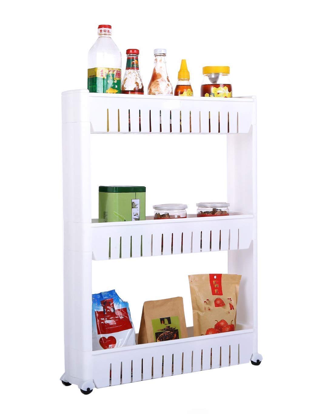 Orrda Plastic 3 Tier Space Saving Storage Organizer Slim Rack Shelf With Wheels || Slim Slide Out Kitchen Trolley Rack Holder St