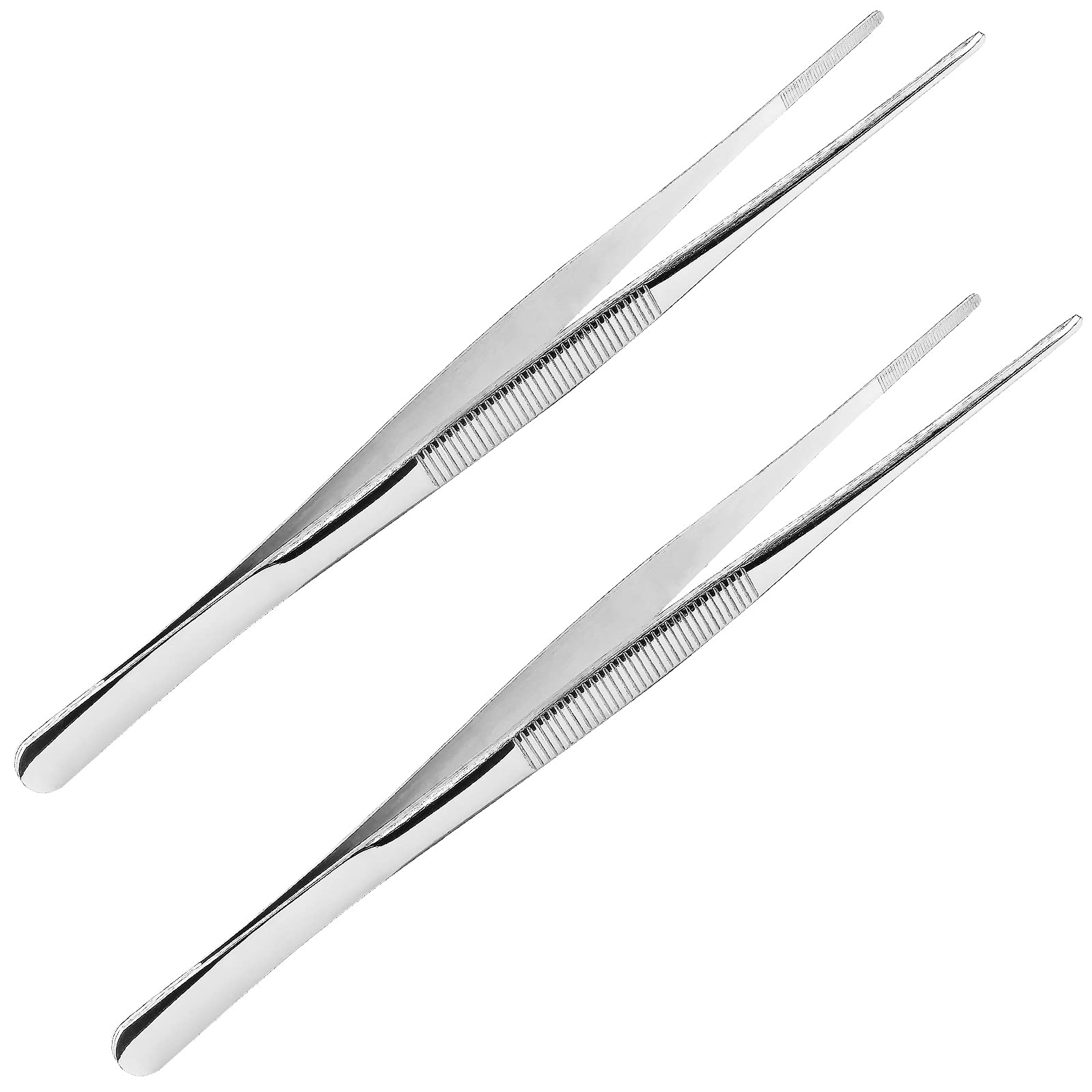 Suiwotin 2Pcs 10 Inch Cooking Tweezers Stainless Steel Kitchen Tweezers Long Tweezers With Straight Serrated Tip Heavy Duty Food