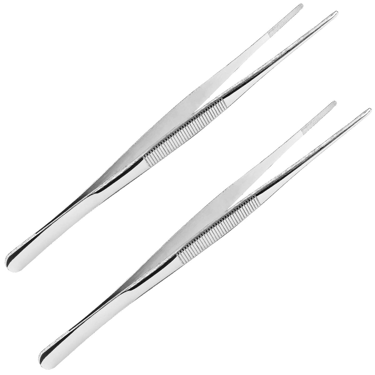 Suiwotin 2Pcs 10 Inch Cooking Tweezers Stainless Steel Kitchen Tweezers Long Tweezers With Straight Serrated Tip Heavy Duty Food