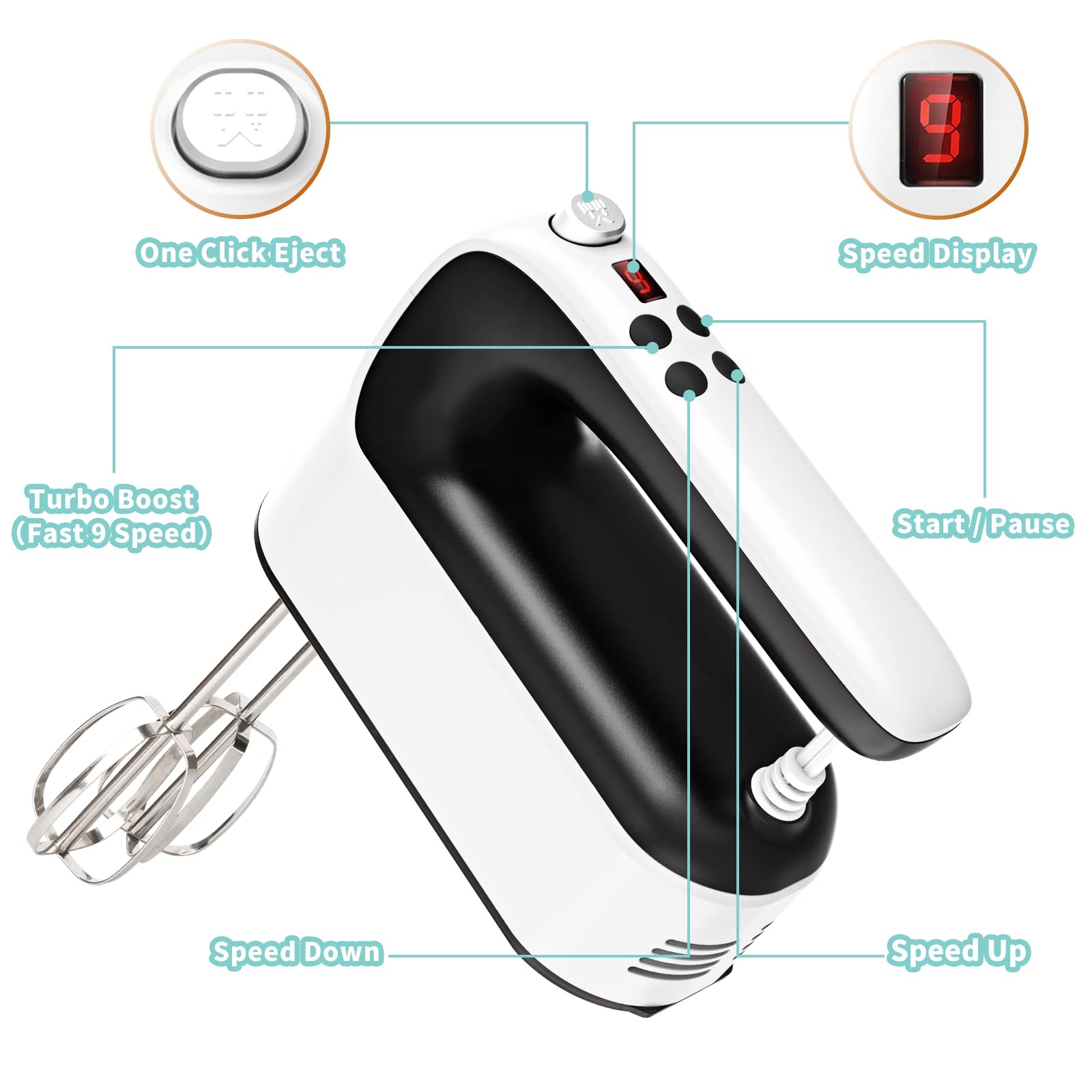 Yomelo 9-Speed Digital Hand Mixer Electric, 400W Powerful Dc Motor, Baking Mixer Handheld With Snap-On Storage Case, Touch Butto