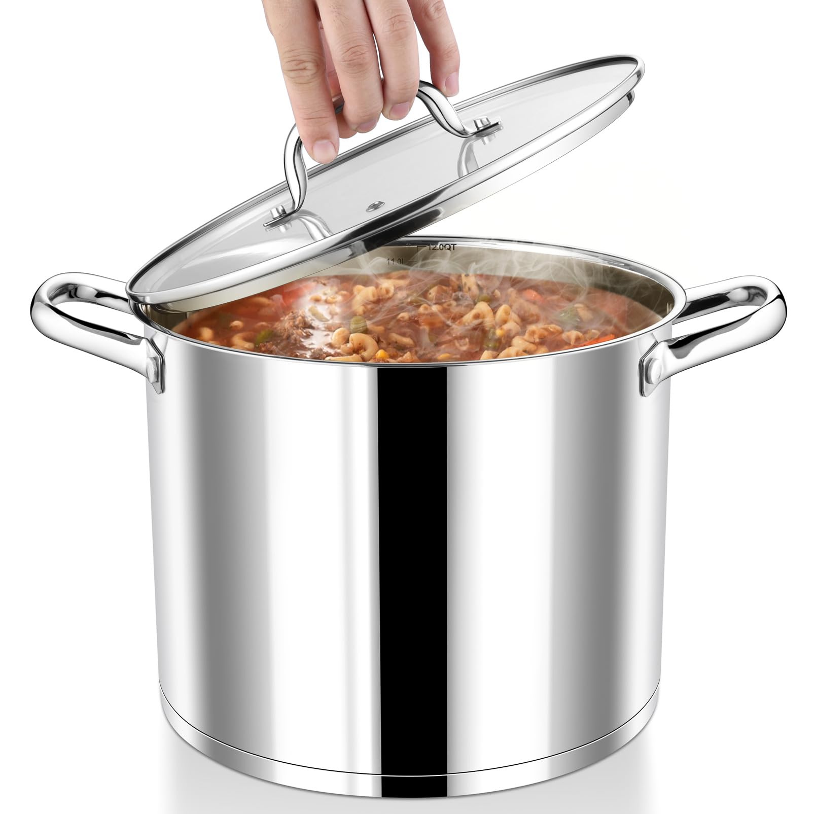 P&P Chef 12 Quarts Cooking Stock Pot With Lid, Stainless Steel Stockpot Induction Pot For Soup, Tri-Ply Bottom & Clear Glass Lid