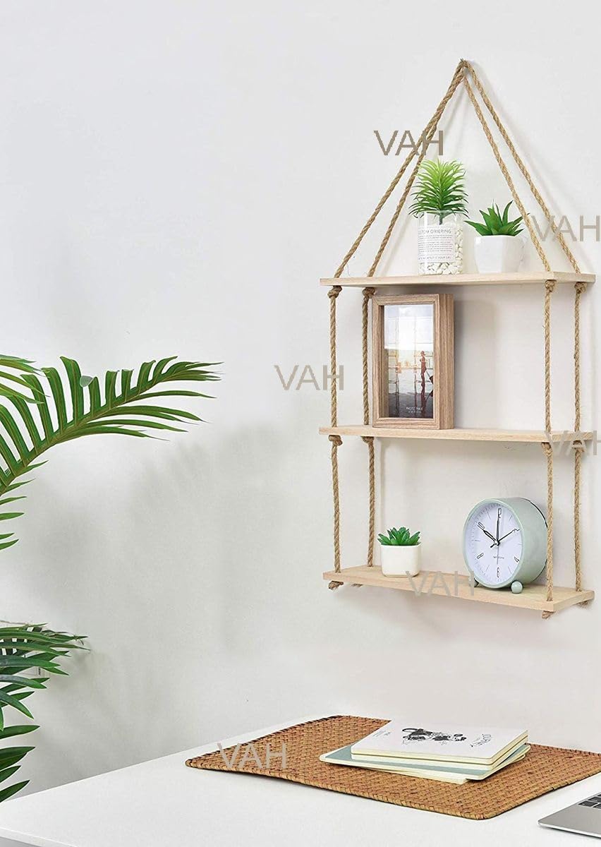 VAH Wall Hanging Shelf, Real Pine Wood Floating Shelves for Wall Rustic Rope Shelves Plant Shelf Farmhouse Decor for Living Room