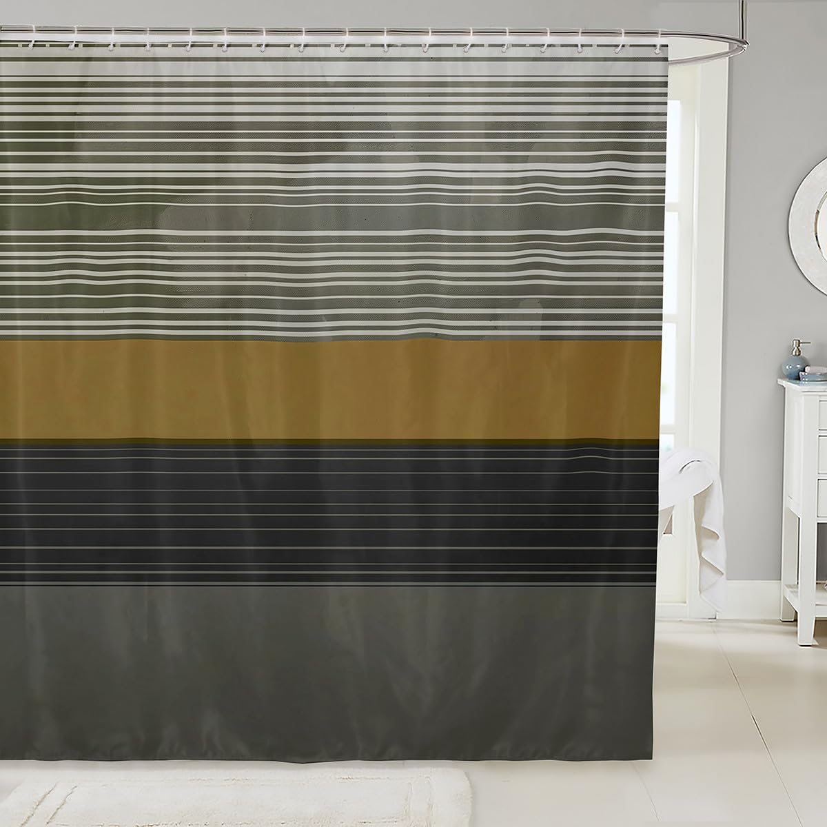 Erosebridal Geometric Striped Shower Curtain 72 W x 78 L,Abstract Art Bathroom Curtain,Olive Black Lines Fabric Shower Curtains,
