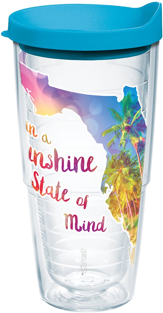 Tervis 1216835 Florida - Sunshine State Of Mind Insulated Tumbler With Wrap And Turquoise Lid, 24Oz, Clear