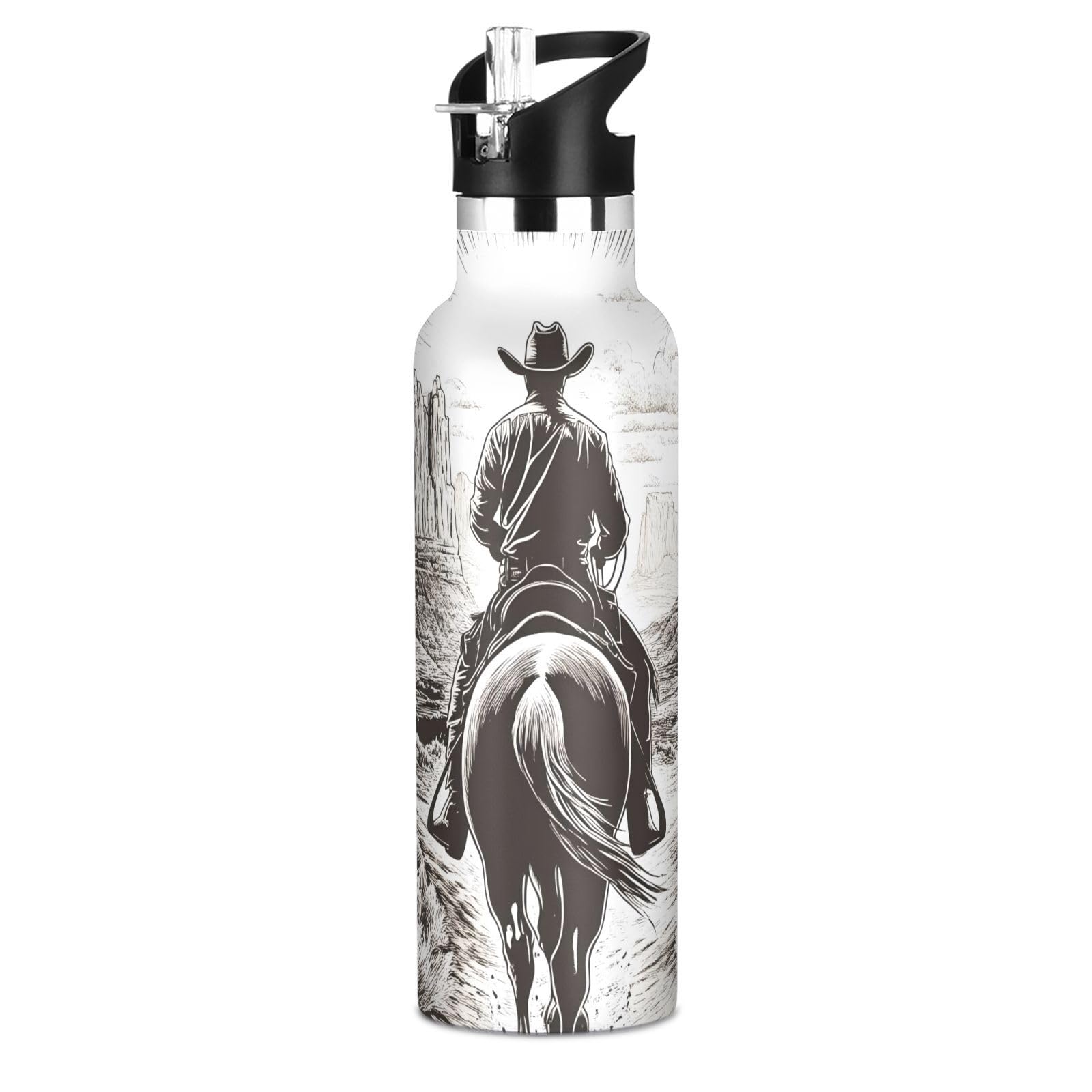 Western Cowboy Desert Horse Sun Equestrian Water Bottles for Boys Kids Stainless Steel Thermos Bottle Cups with Straw Lid Leakpr