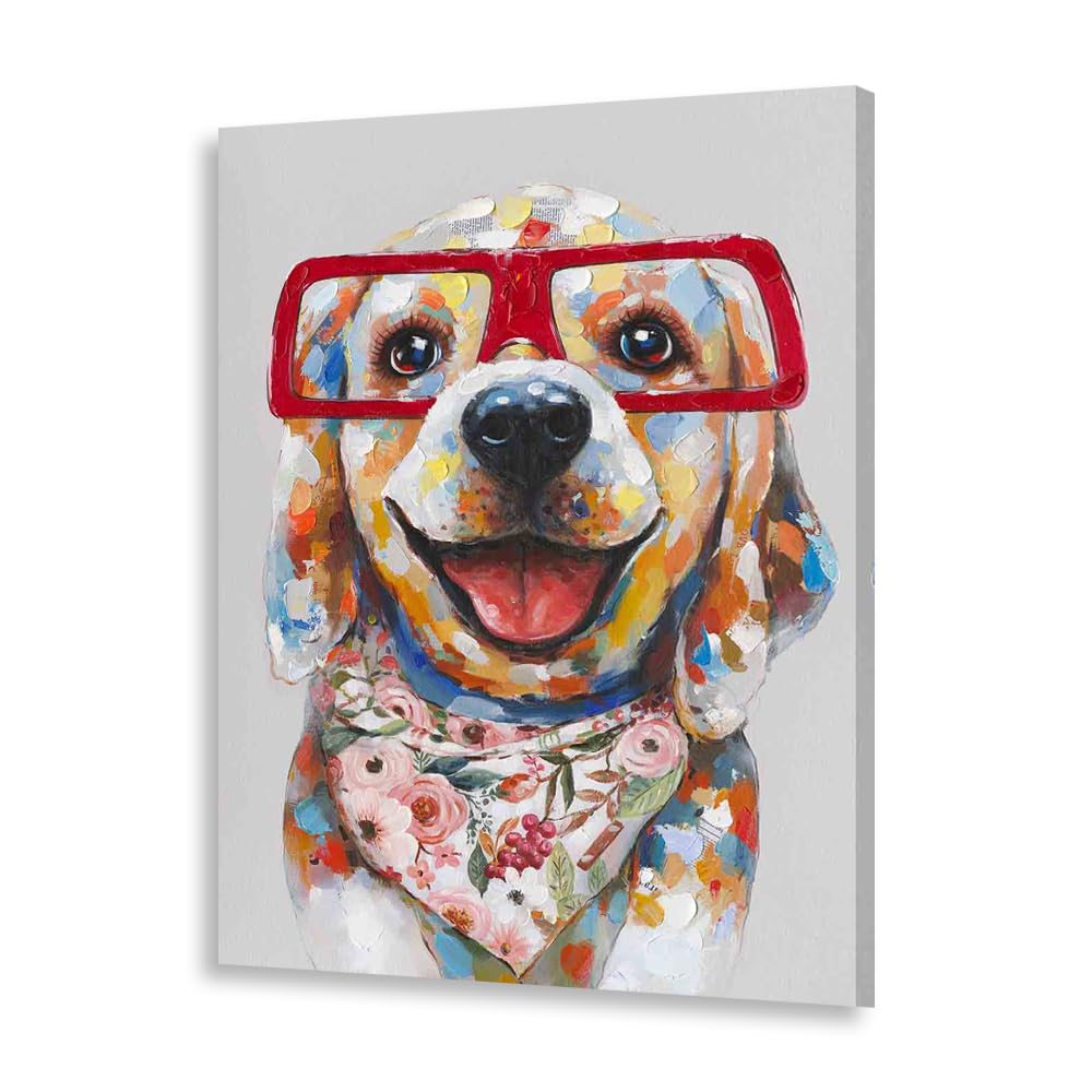 Colorful Labrador Canvas Wall Art - 24X32 Inch Ready-To-Hang Dog Poster Print - Happy Dog With Red Glasses And Floral Bandana -