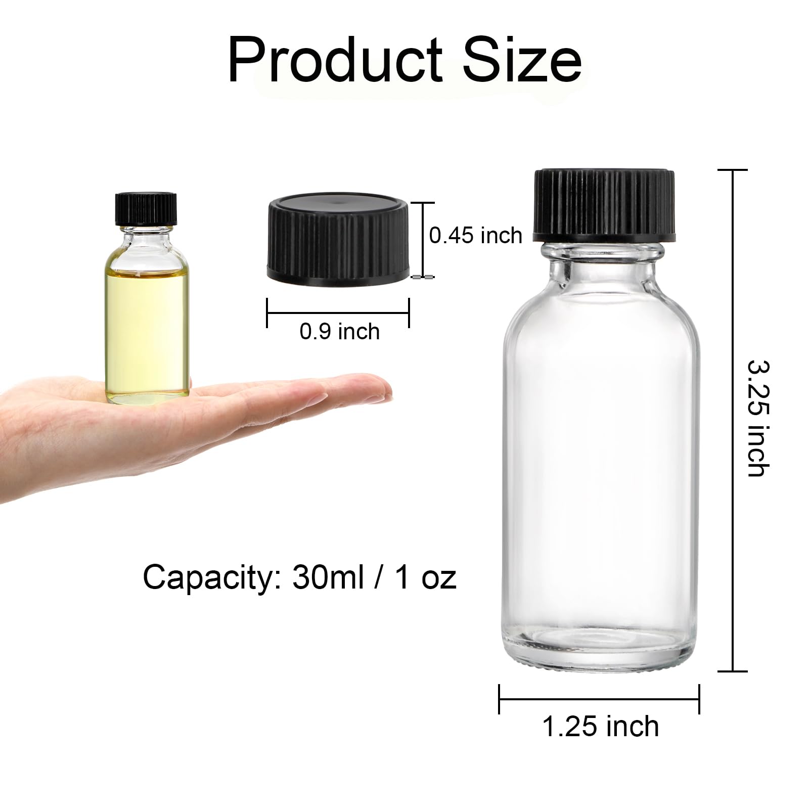 Bekith 30 Pack Boston Round Glass Bottle with Black Cap  1 oz Capacity  Clear