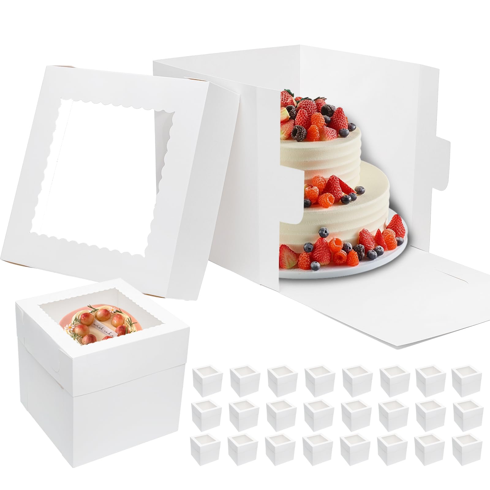 Mefleet 25pcs Tall Cake Boxes 12x12x12 Bakery Boxes for Tier Cakes with Window 12 Inch White Large Cardboard Bakery Take Out Car