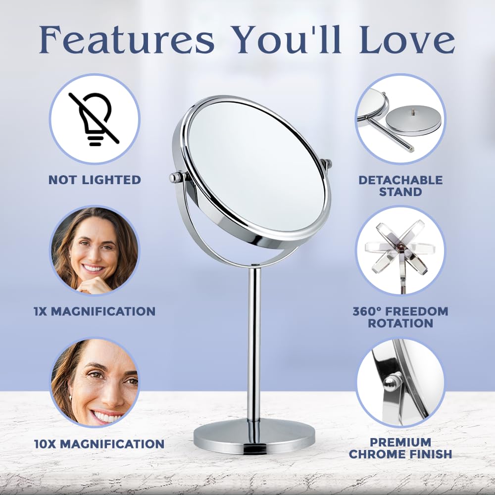 MIRRORVANA 10X Magnifying Makeup Mirror on Round Stand for Tabletop  Bedroom Vanity Desk and Bathroom Counter - Free Standing Double Sided 10X/1X Magnification Mirror - 7 '' Wide and 14 '' Tall (Chrome)