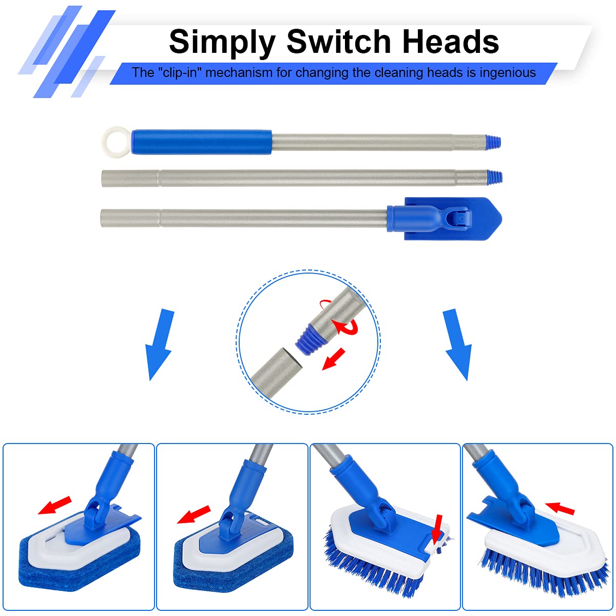 Lalafancy Bathroom Scrubber With Extendable Long Handle 50'' -2-In-1 Tub And Tile Cleaning Brush Interchangeable Head Attachment