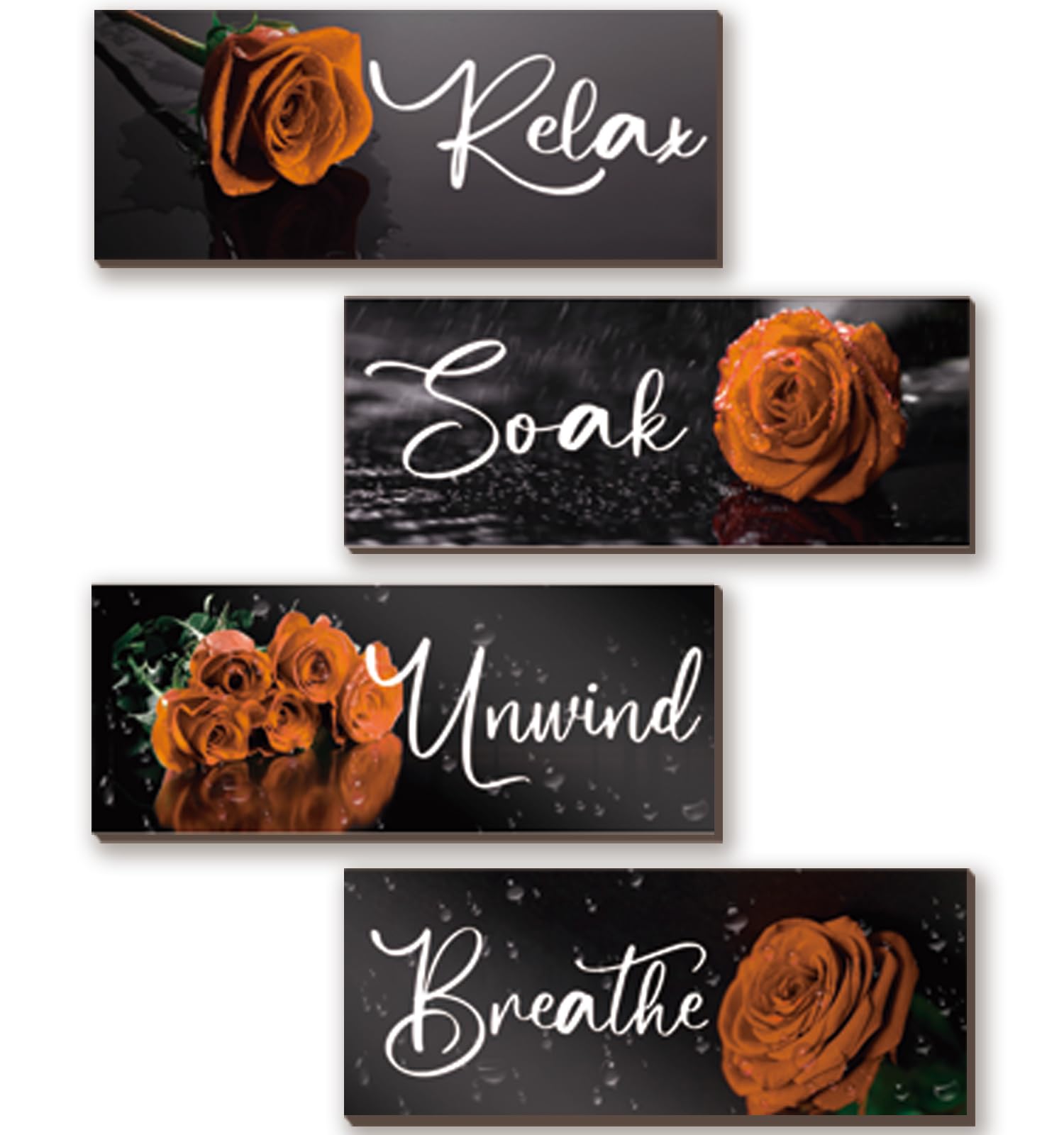 4Pcs Orange Bathroom Decor Orange Rose Wall Decor Wooden Orange Bathroom Accessories with Relax Soak Unwind Breathe Wall Art For