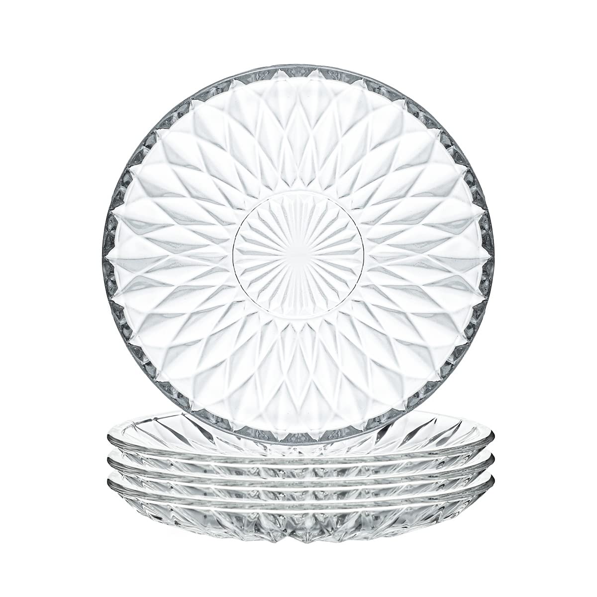 Sizikato 4pcs Diamond Striped Glass Snack Plate, 5.7-Inch Dried Fruit Plate Dessert Plate for Home and KTV