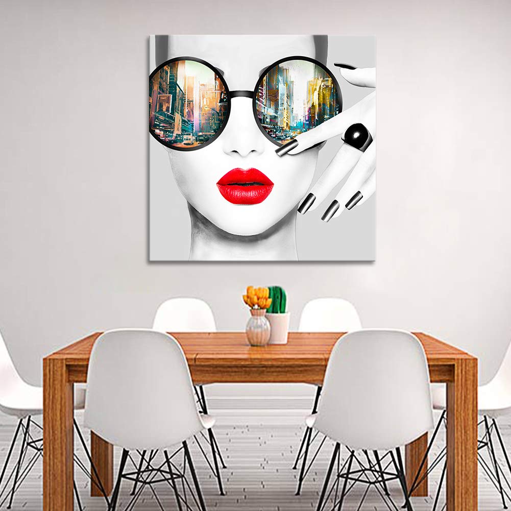 Contemporary Wall Art Modern Fashion Women with Red Lip Canvas Print Stylish Feminine Wall Art Painting Framed Cityscape Piture Ready to Hang for Home Decoration (28x28inch)