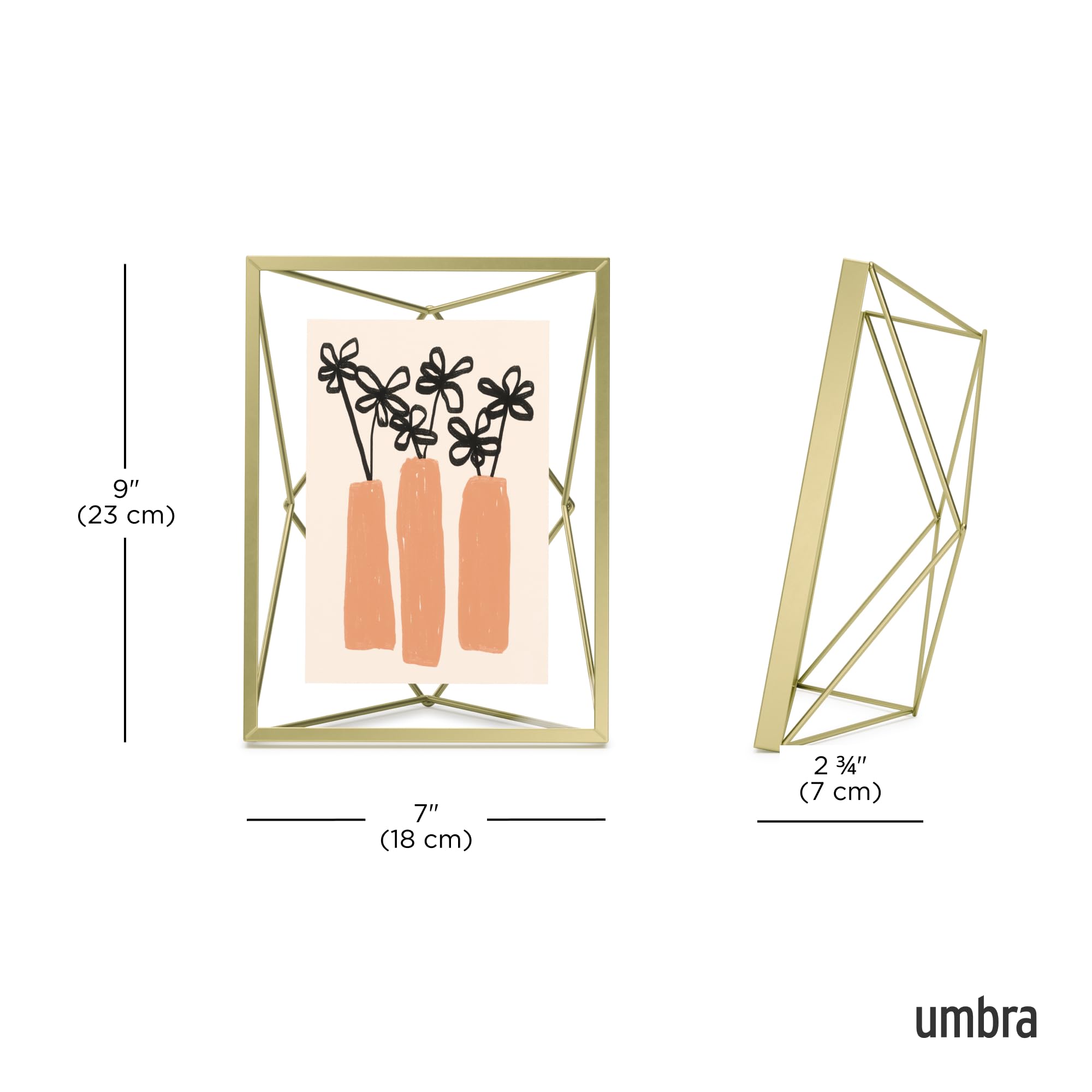 Umbra Prisma 5x7 Picture Frame, Metal Floating Wall or Desk Photo Display for Pictures, Art, Illustrations and More, Brass