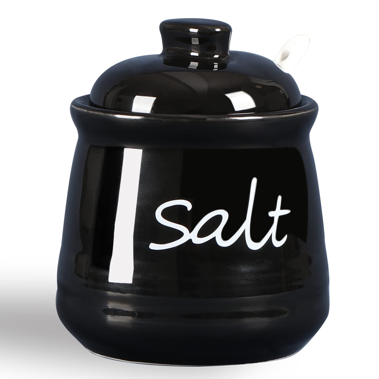ONTUBE Ceramic Salt Bowl with Lid and Spoon 12oz (Black)