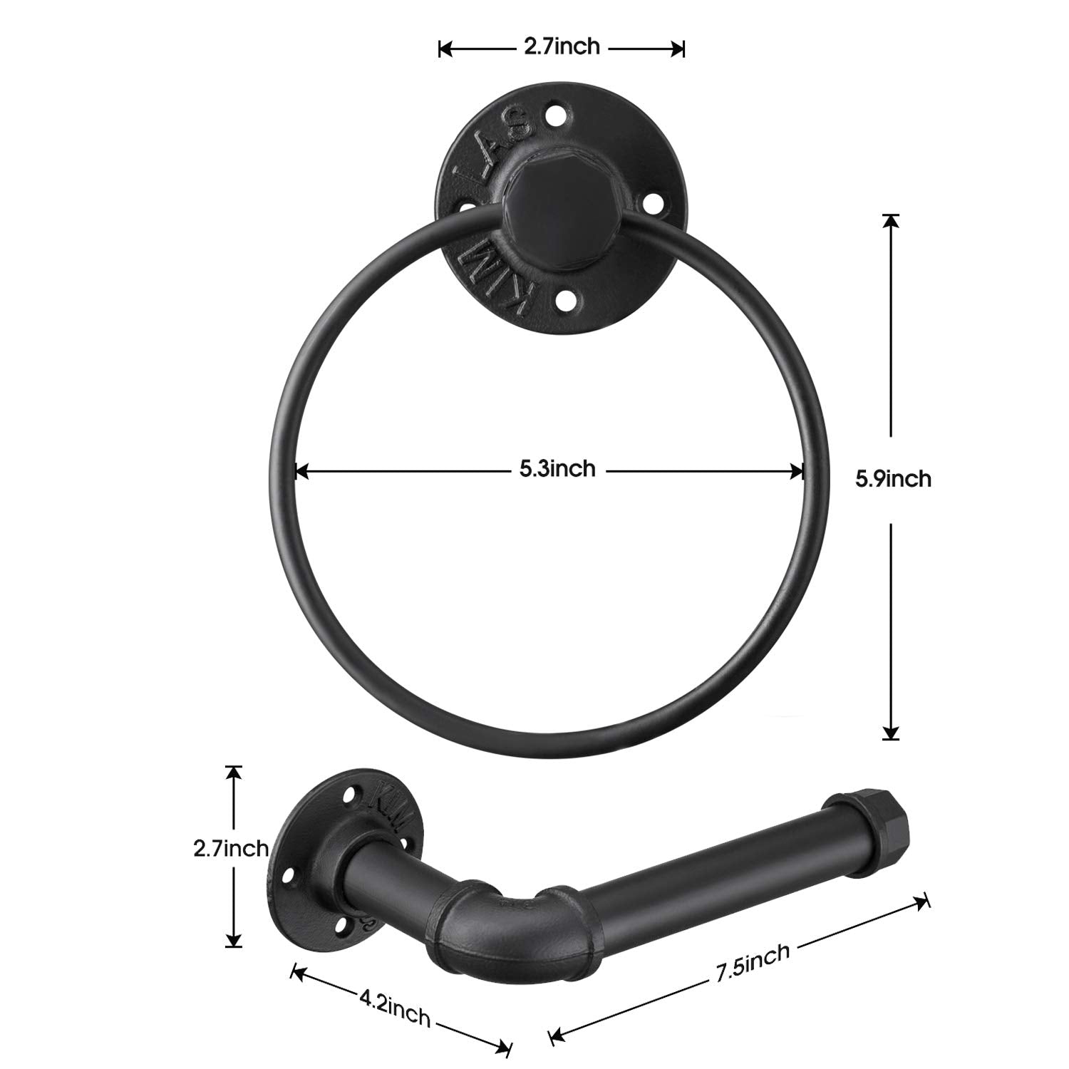 Industrial Black Toilet Paper Holder and Towel Ring  Bathroom Hardware Set  Wall Mounted Hardware Accessories  Includes Pipe Towel Rack Towel Ring  Matte Black Iron Finish for Bathroom 2PCS