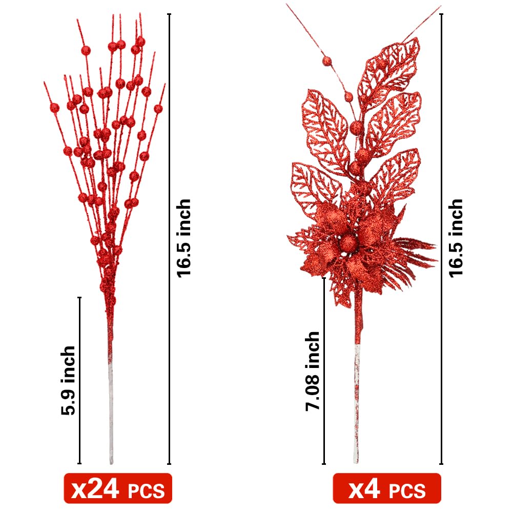 ROSELEAF 28 Pack Red Christmas Tree Ornaments, Artificial Glitter Berry Flowers Stem Branches Picks for Xmas Tree Decoration Gif