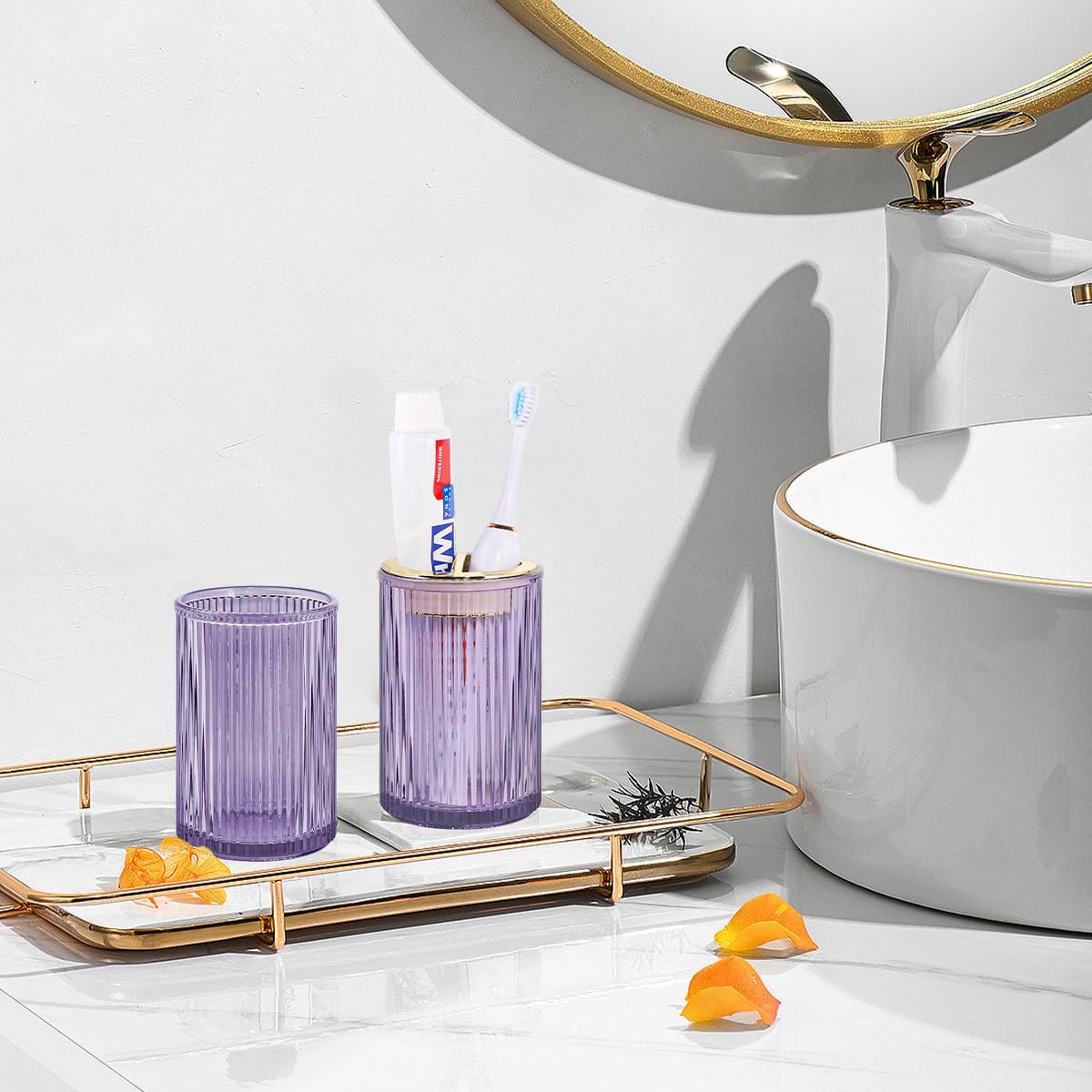 Tonxus Toothbrush Holders for Bathrooms, Purple Glass Toothbrush Holder and Bathroom Tumbler Cup, 12oz Gold Bathroom Storage Cup