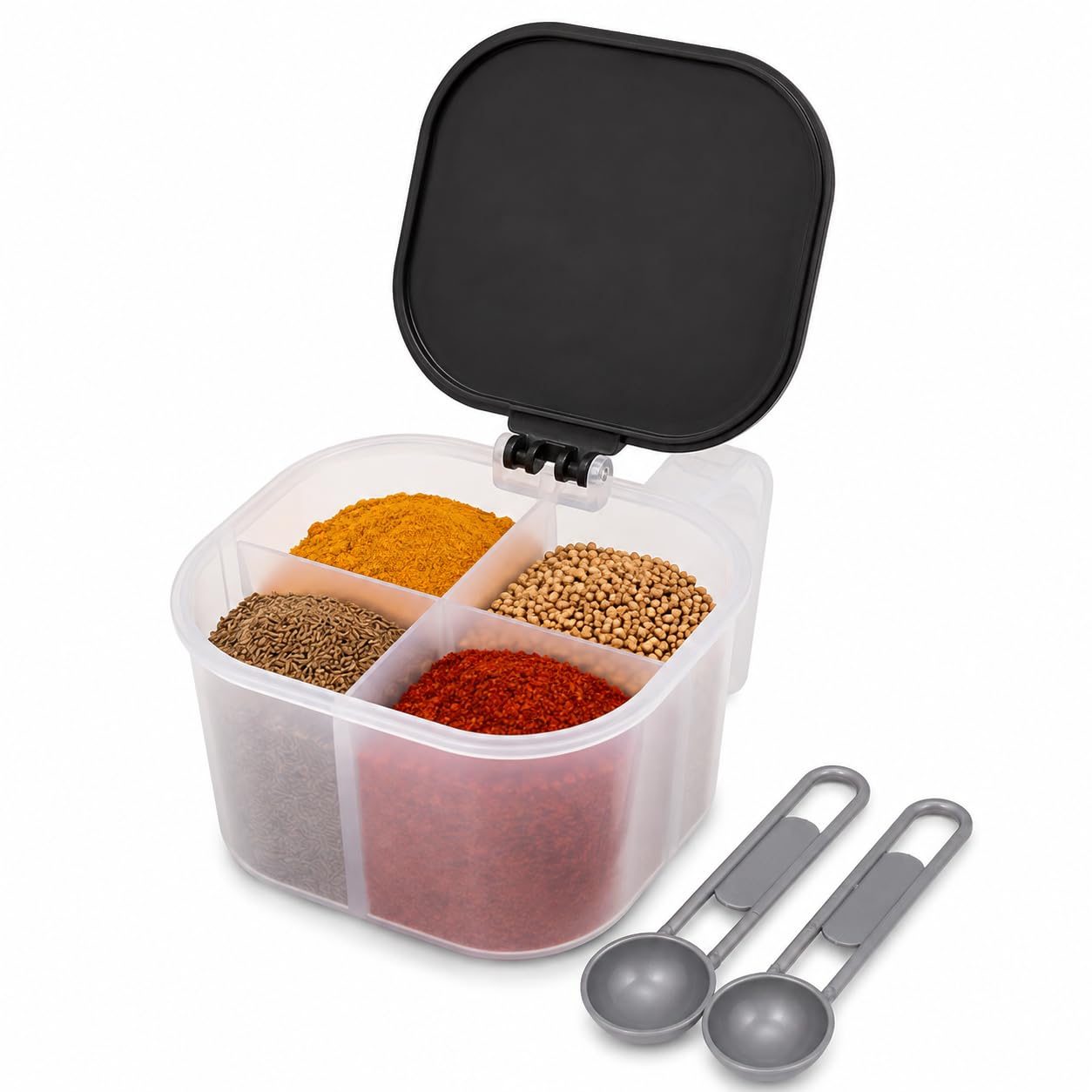 Spice Container with 4 Compartments & 2 Measuring Spoons | BPA Free Airtight Masala Box | Kitchen Spice Organizer Storage Contai
