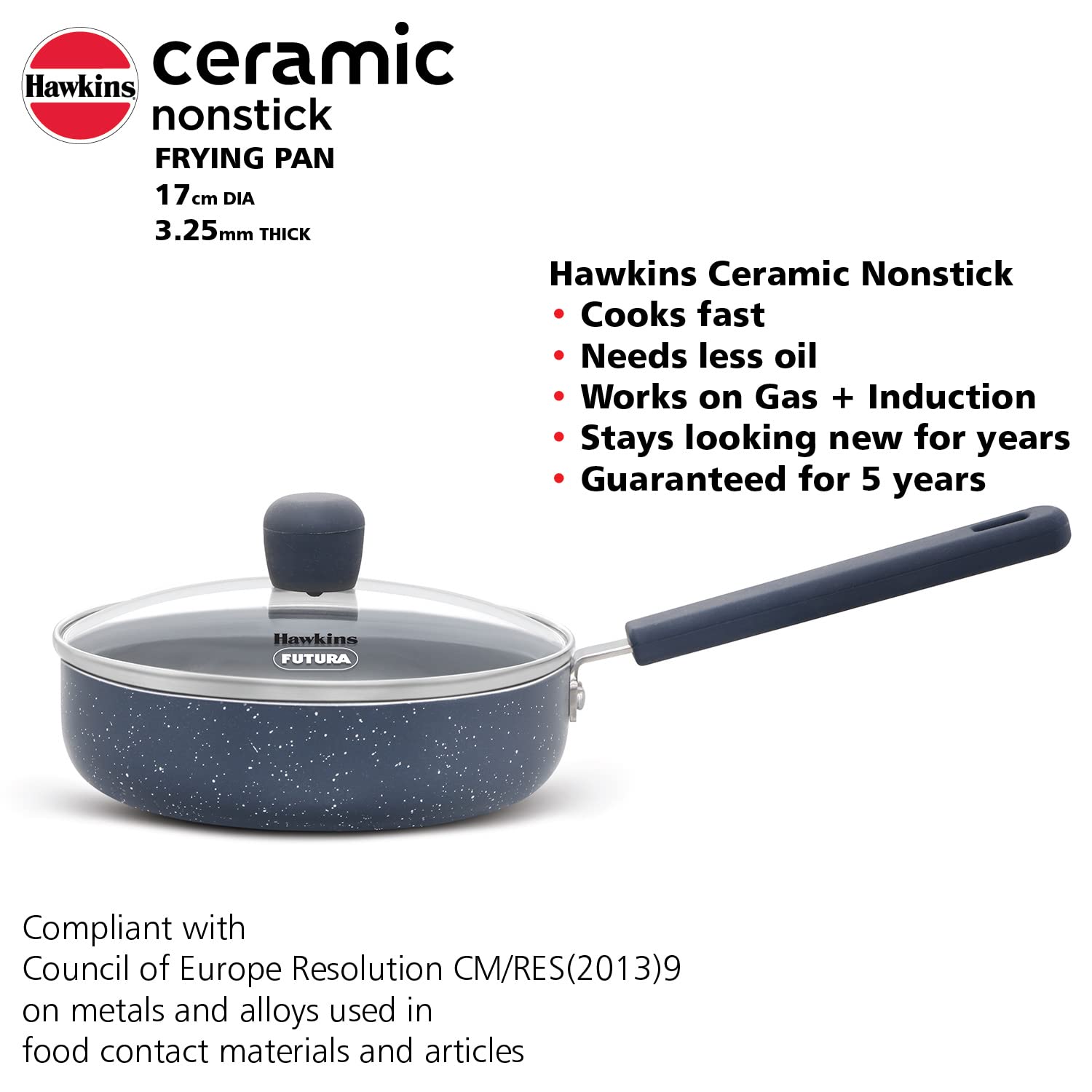 Hawkins Ceramic Nonstick Frying Pan, Small Cooking Pan, 17 Cm Diameter, Induction Fry Pan With Glass Lid, Granite Omlette Egg Pa