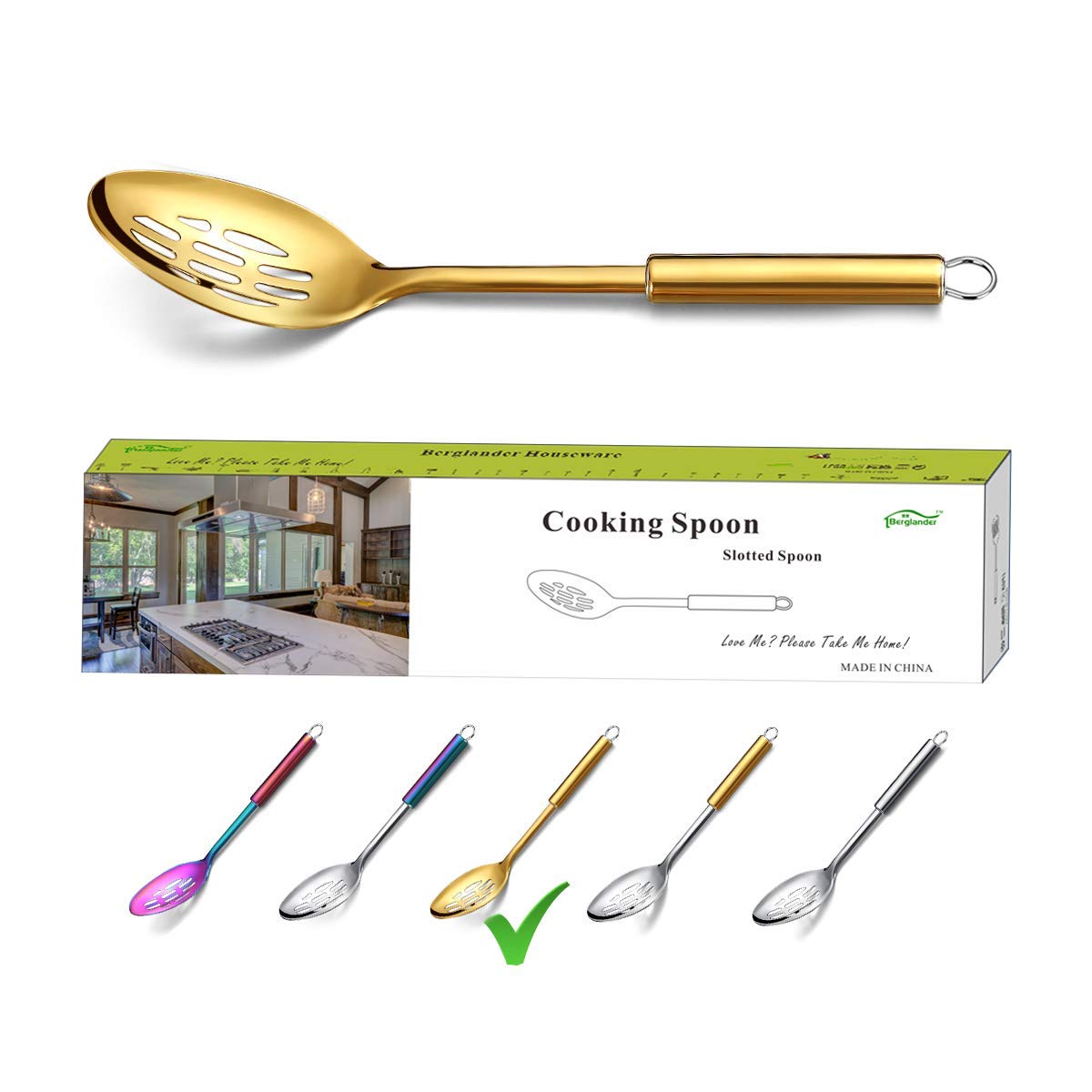 Berglander Slotted Spoon, Stainless Steel Gold Slotted Cooking Spoon With Titanium Plating, Gold Slotted Serving Spoon, Kitchen