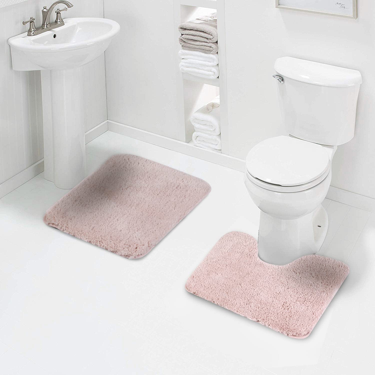 Walensee Shaggy 2 Piece Bath Rug Sets (Dusty Pink) 20 X 24 U Shape Contour Rug & 20 X 32 Bathroom Rug Machine Wash/Dry Bath Mats