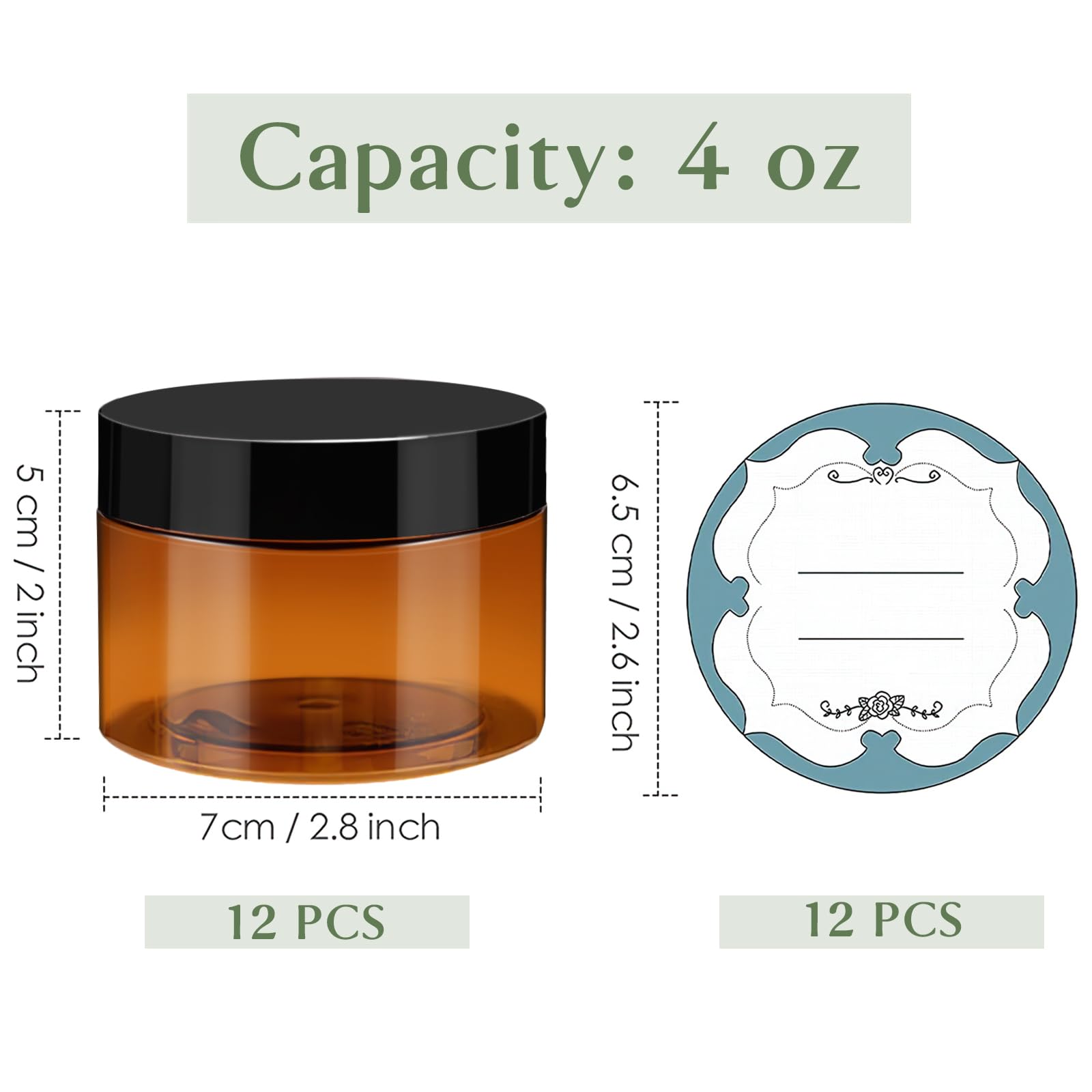 Qeirudu 4 Oz Amber Plastic Jars With Lids And Labels, 12 Pack Empty Brown Body Butter Containers For Cosmetic, Body Scrub, Cream