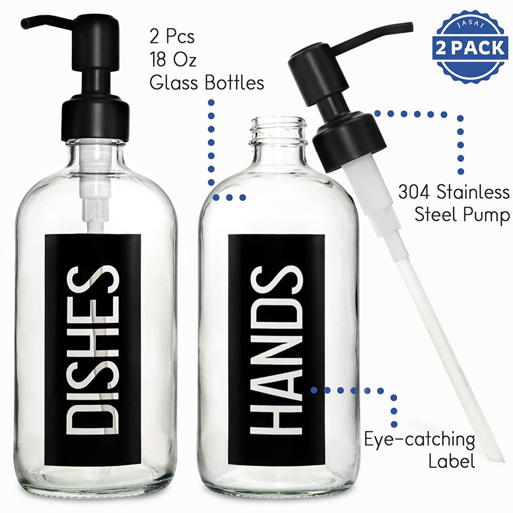 Jasai 2Pack 18Oz Glass Soap Dispenser With Black Stainless Steel Pump, Kitchen Soap Dispenser With Classy Black Hands & Dishes L