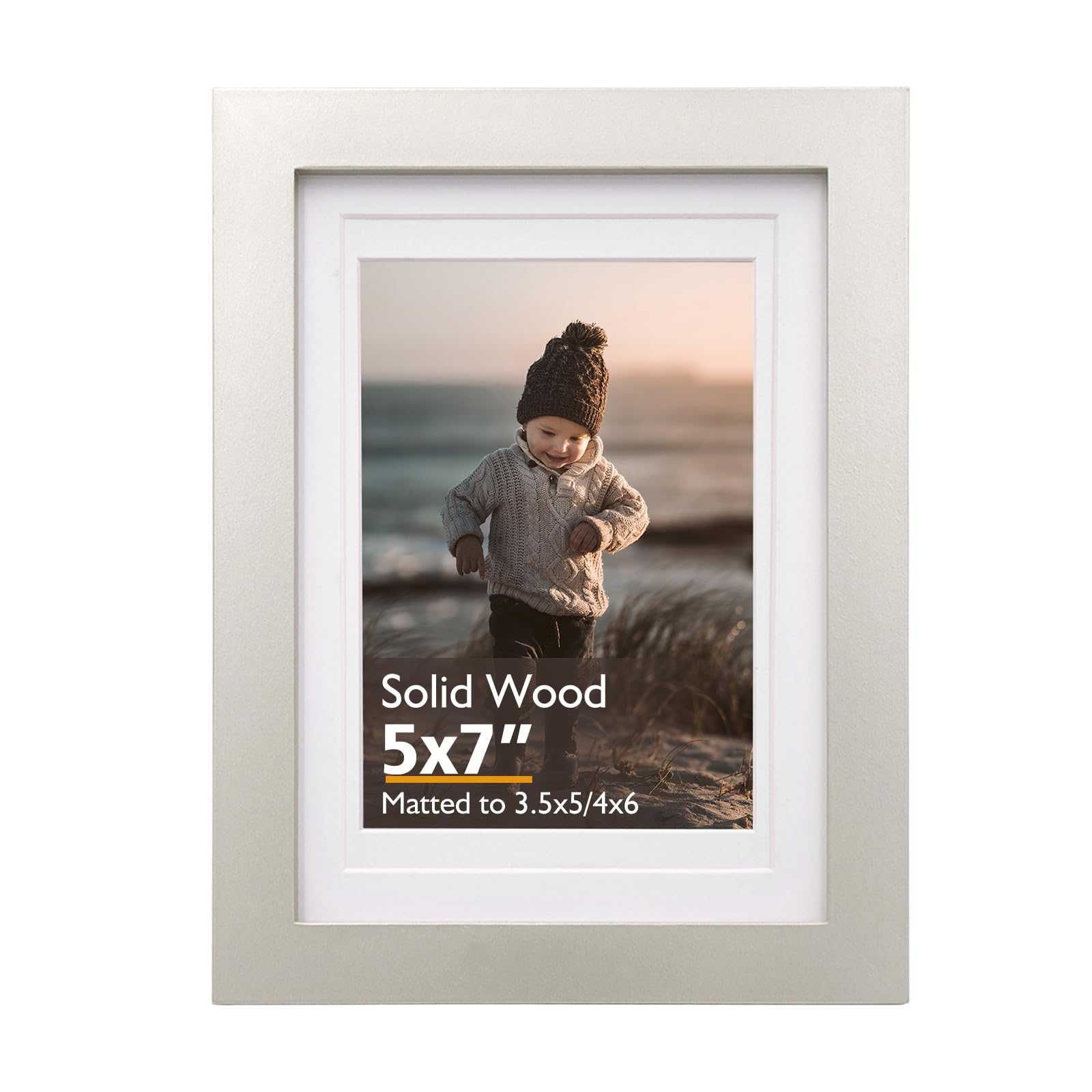 KINLINK 5x7 Picture Frame Light Grey, Solid Wood Frame 5x7 with Acrylic Plexiglass for Pictures 4x6 With Mat,Tabletop and Wall D