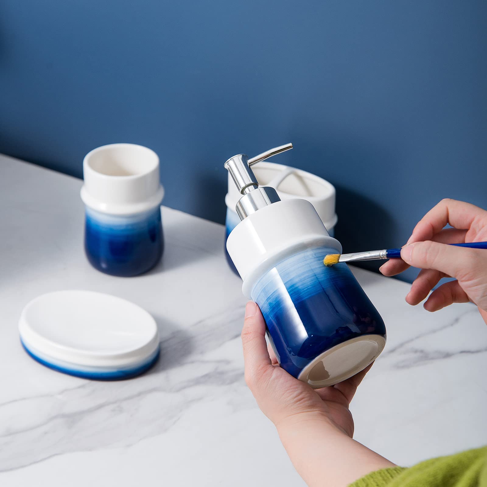Rzcnc Navy Blue Bathroom Accessories Set, 4-Piece Blue Ceramic Bathroom Decorations Accessories Set,Contain Toothbrush Cup,Soap