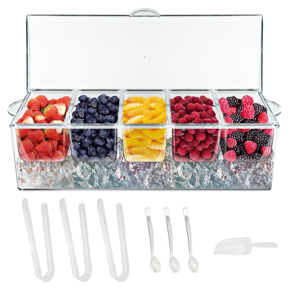 Chilled Condiment Server with 5 Containers & Lids,Ice Tray for Bar & Party