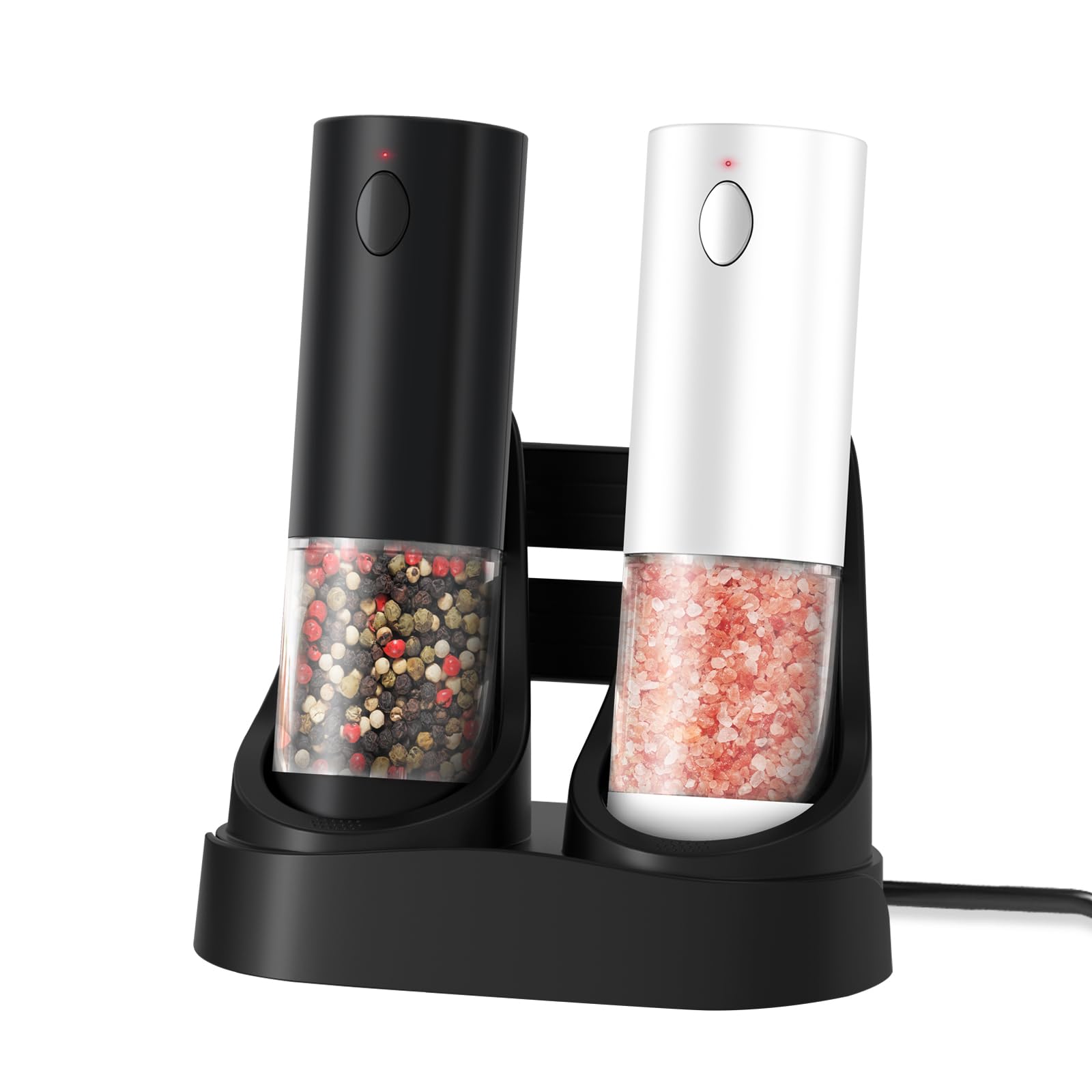 Electric Salt and Pepper Grinder Set with Base Rechargeable with LED lights, Automatic Salt and Pepper Mill Set Refillable with 
