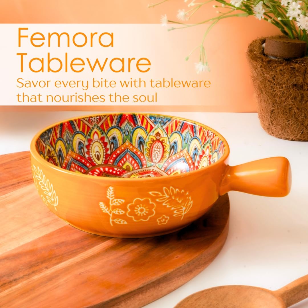 Femora Ceramic Snack Bowl With Handle | Serving Bowl With Handle | Microwave & Dishwasher Safe Big Bowls Perfect For Snacks, Noo
