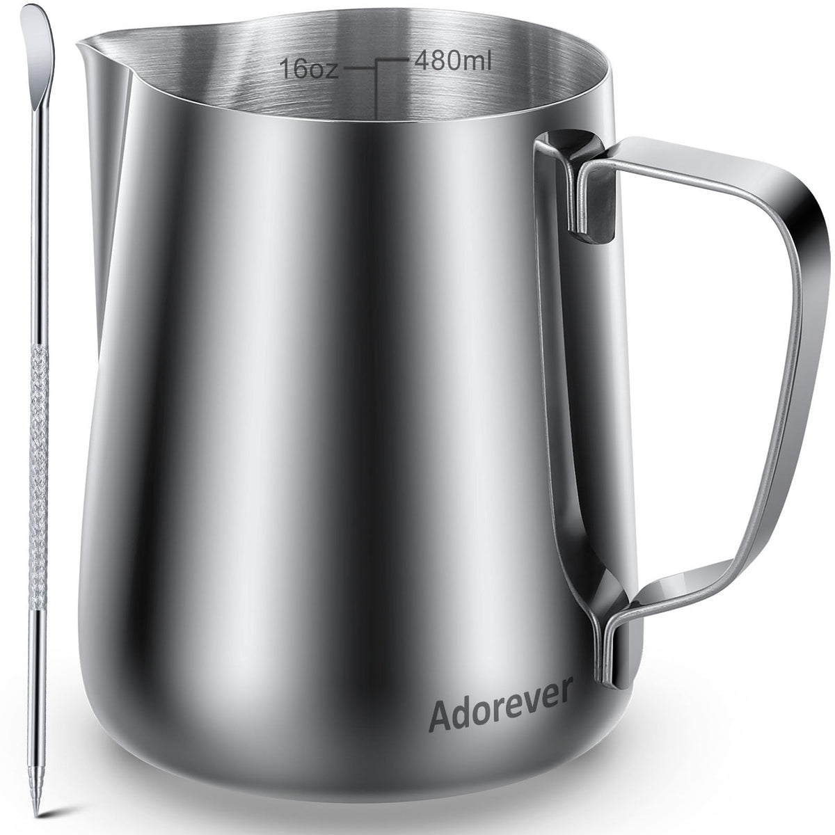 Adorever Milk Frothing Pitcher, 16Oz 480Ml Milk Frother Cup Stainless Steel Steaming Pitcher, Coffee Bar Cappuccino Espresso Mac