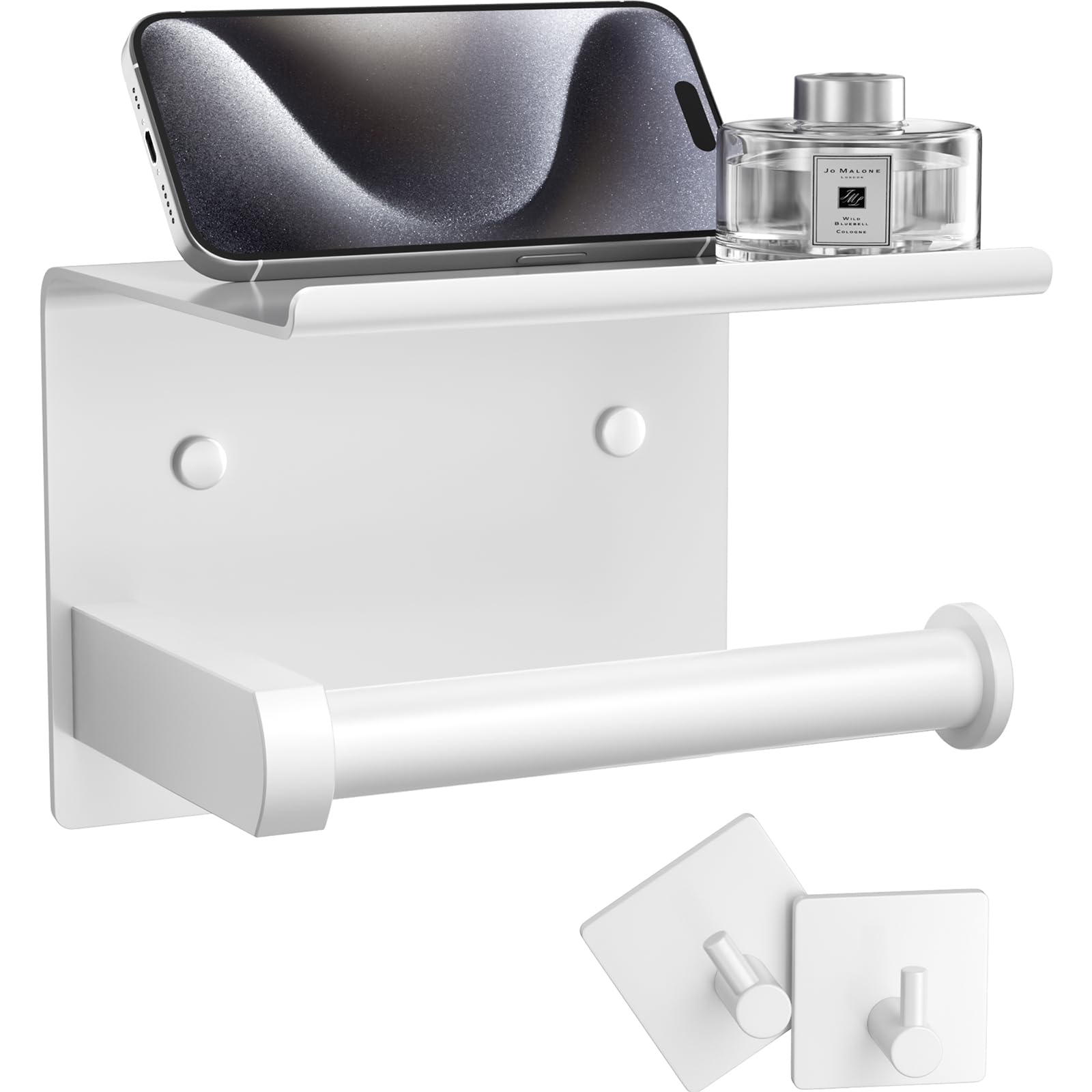 Tindbea Toilet Paper Holder with Phone Shelf + Towel Robe Hooks  Adhesive or Screw Wall Mounted Toilet Paper Roll Storage Dispenser  Stainless Steel Bathroom Tissue Roll Holder (White)