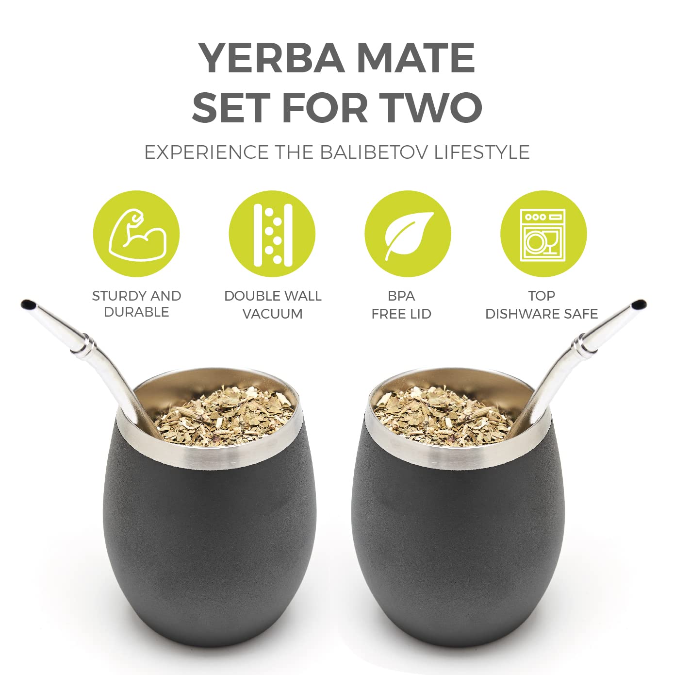 Balibetov Modern Mate Cup And Bombilla Set (Yerba Mate Cup) -Yerba Mate Set Includes Double Walled 18/8 Stainless Steel Mate Tea