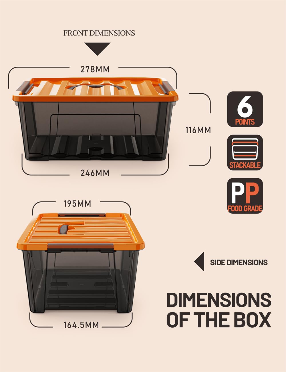 Wyt 5-Quart Small Storage Container Bin With Orange Secure Lid And Black Clear Latch Buckles, Durable Plastic Stackable Nestable