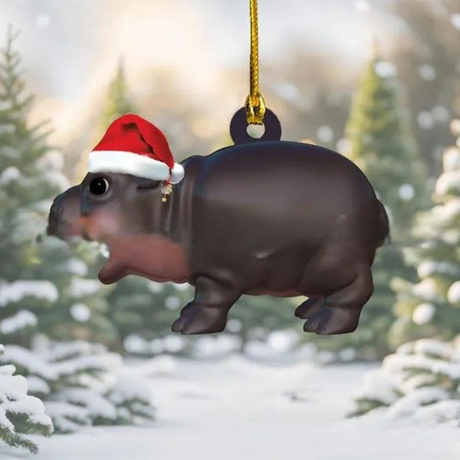 Hippo Christmas Decor, Christmas Tree Hanging Decorations, Hippopotamus Decoration with Santa Hat - 2D Acrylic Holiday Ornament
