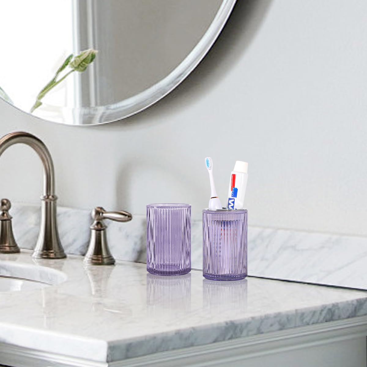 Tonxus Purple Toothbrush Holders for Bathrooms, 2pcs Glass Toothbrush Holder and 12oz Bathroom Tumbler Cup Set, Silver Tooth Bru