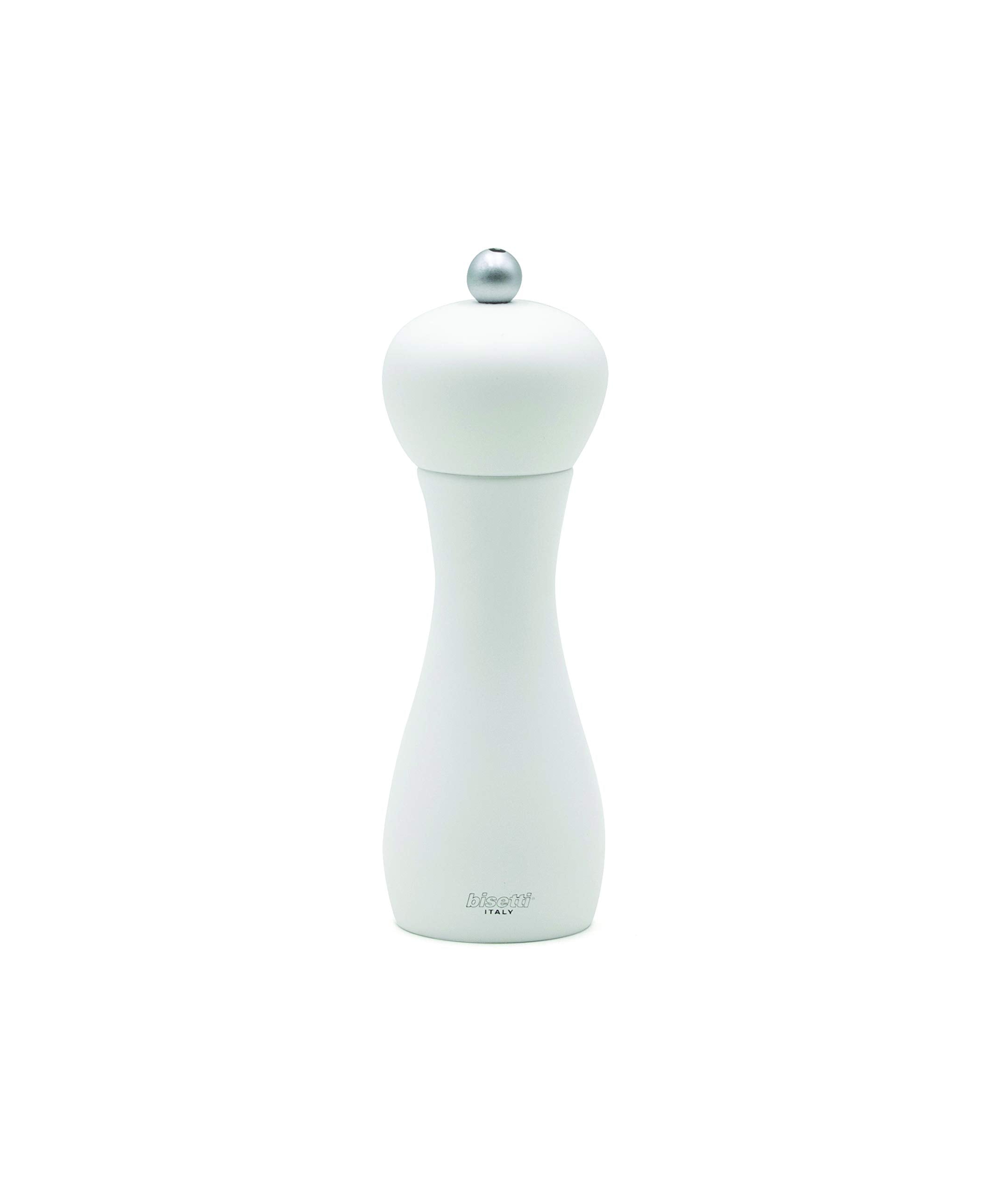 Bisetti Rimini 18 Cm / 7 Inch White Beech Wood Pepper Mill With Adjustable Carbon Grinder, Made In Italy