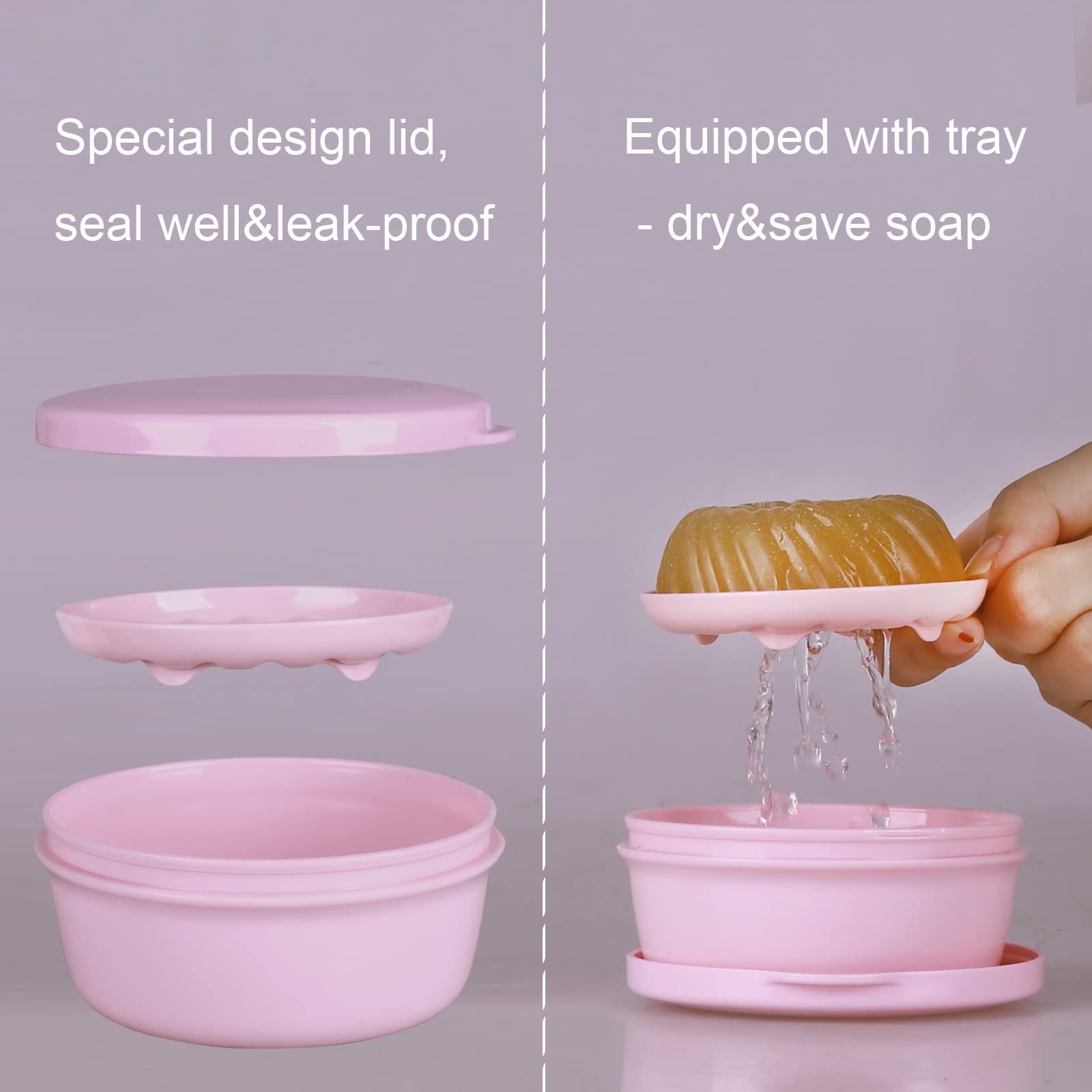 Plastic Soap Container Soap Holder Travel Case Portable Round Soap Dishes with Lid Leak-Proof Soap Box for Shampoo Bar Soap (Pink + Green)