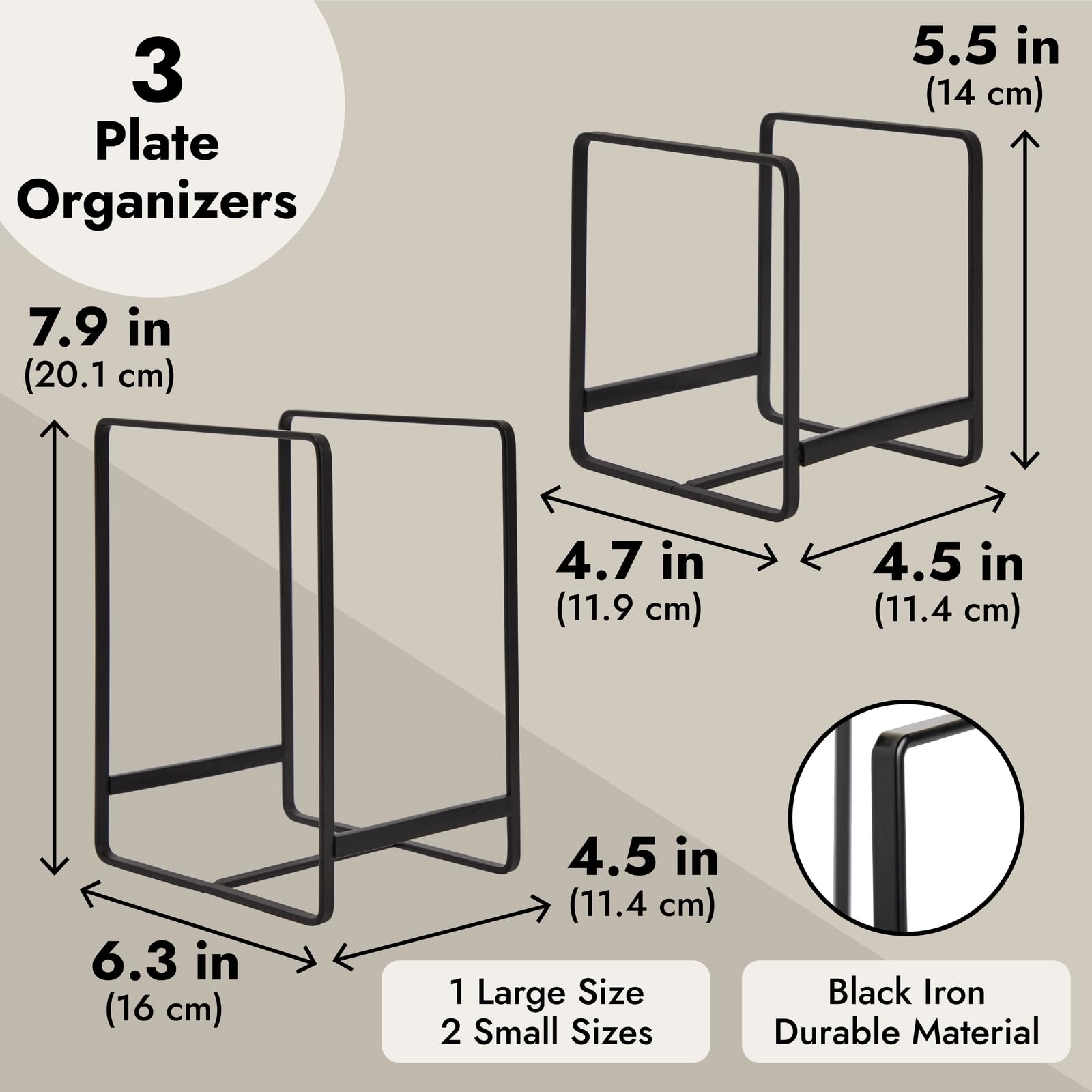 Juvale 3 Piece Plate Organizer For Kitchen Cabinet, Shelf, 2 Sizes For Pots, Pans, Cutting Boards (Black)