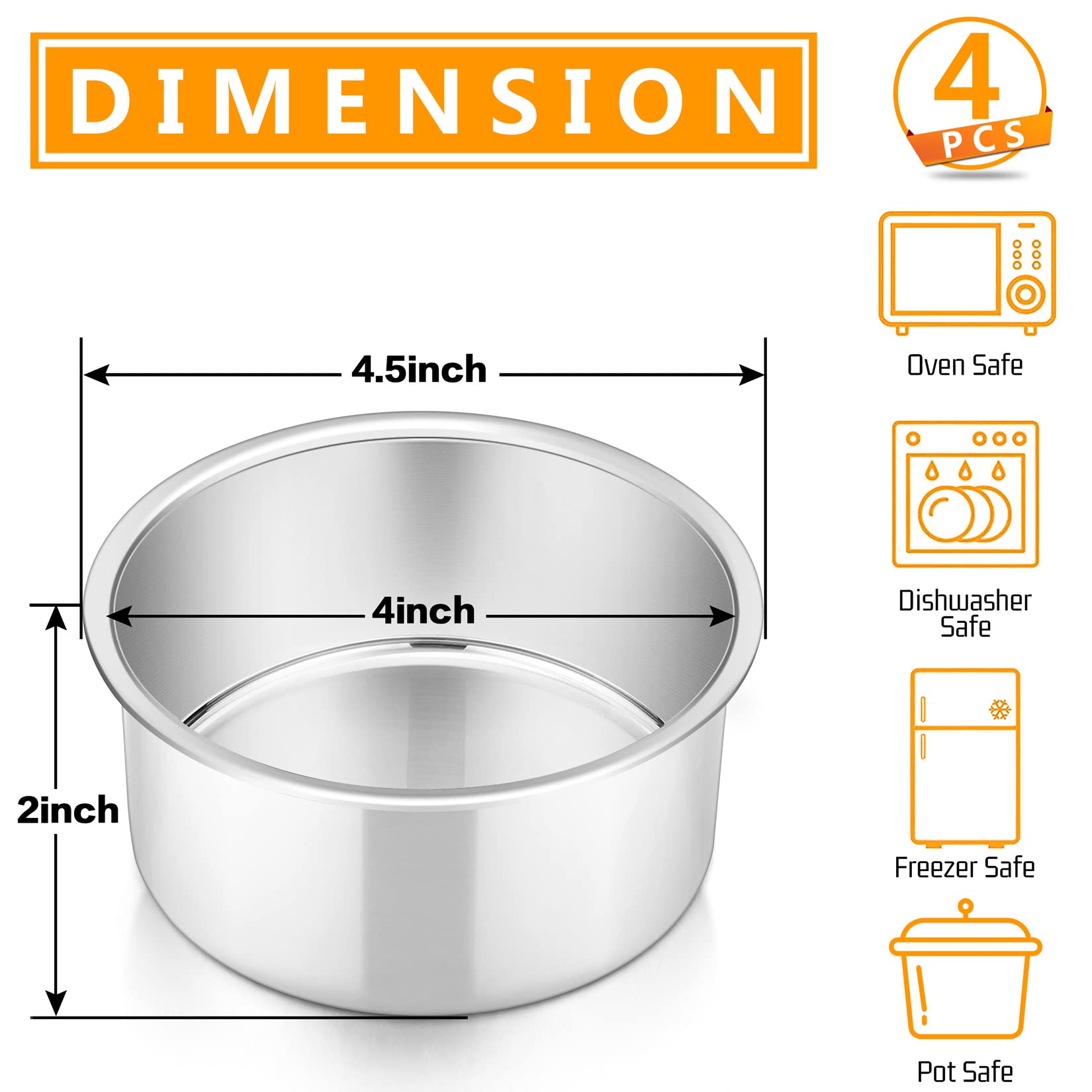 P&P Chef 4 Inch Small Cake Pan Set Of 4, Stainless Steel Baking Round Tins Bakeware For Mini Pizza, Quiche, Non Toxic & Healthy,