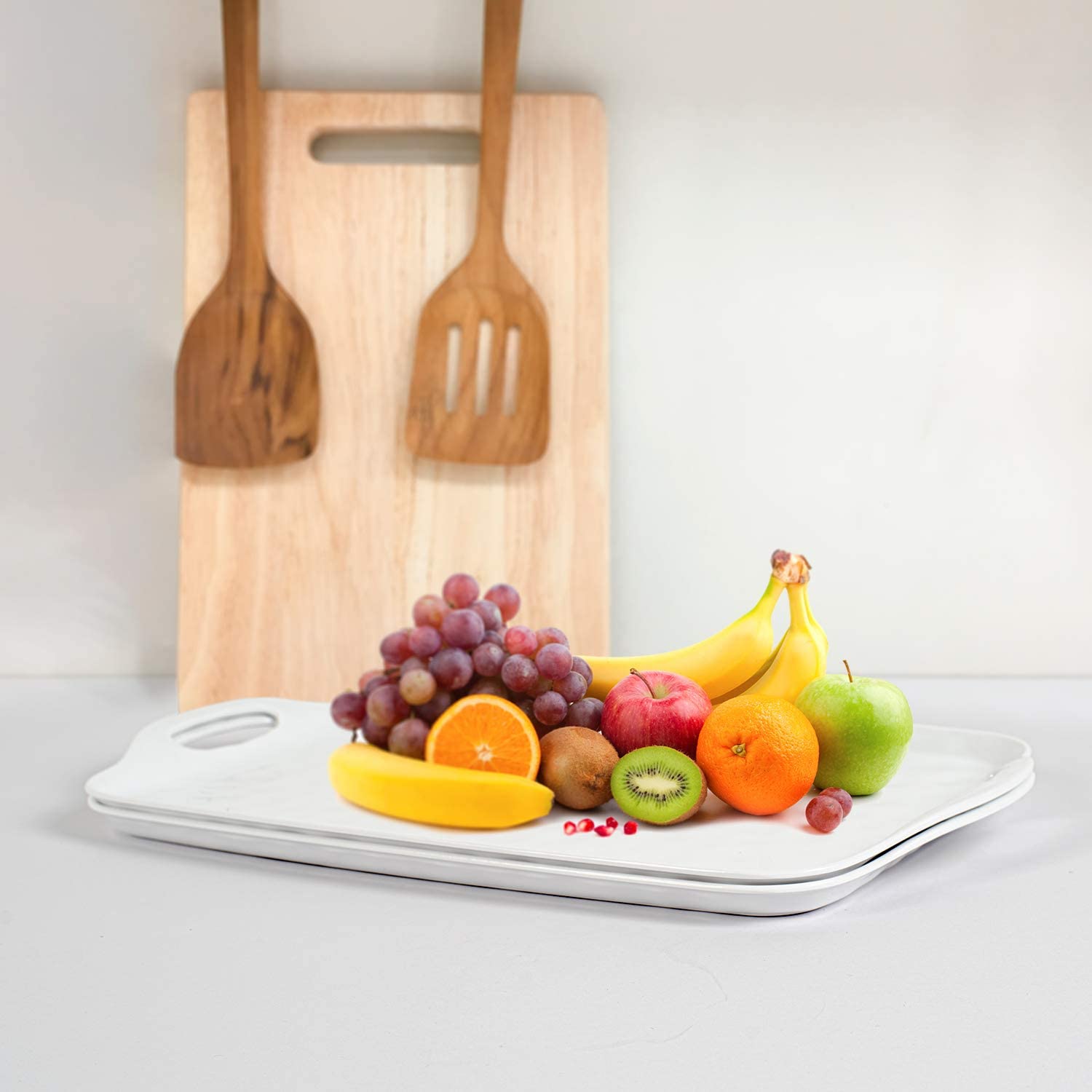 Tp Serving Tray With Handles, 17 '' Inch Large Rectangle Melamine Serving Platter Set Of 2, Pure White