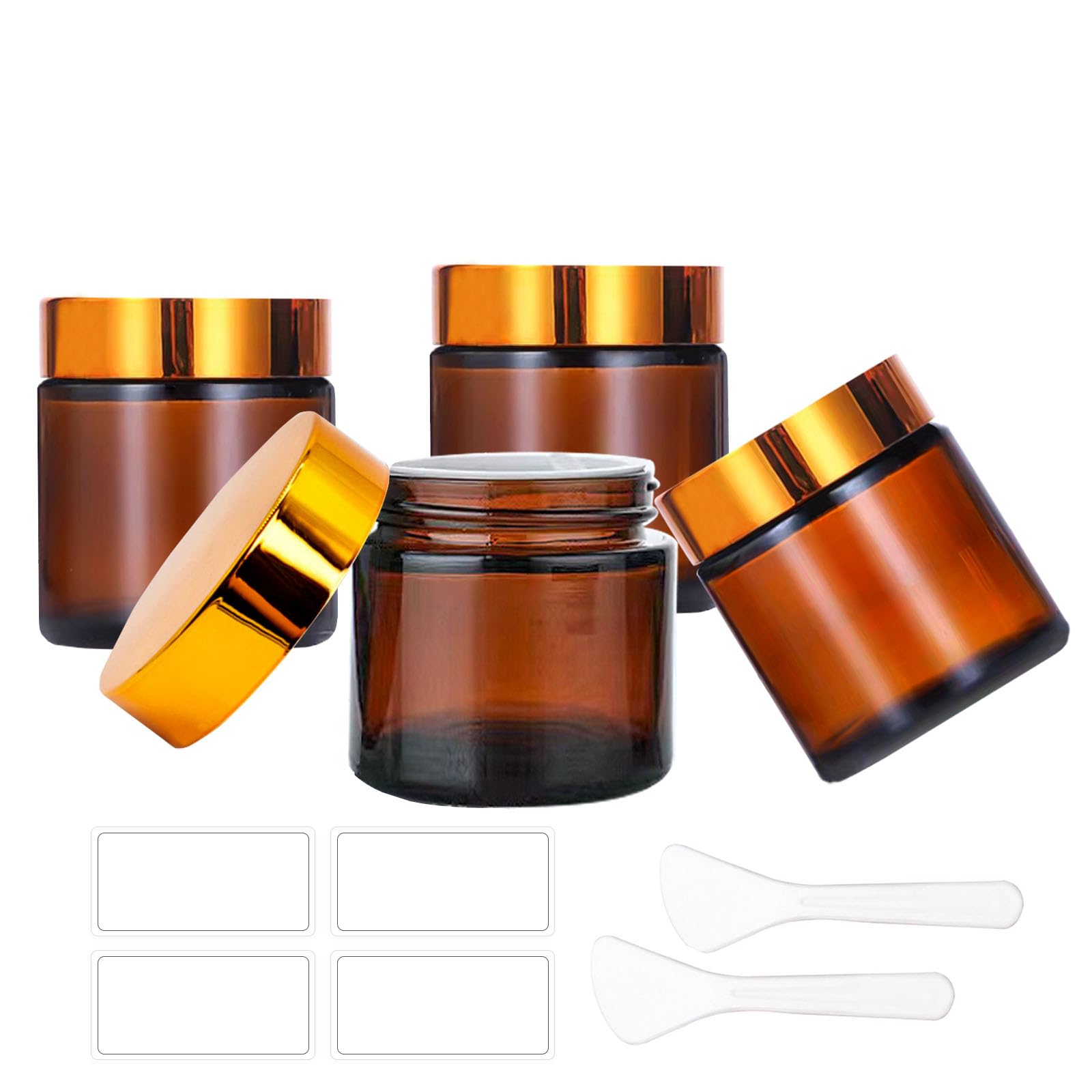Begiket 4 Pack 2 Oz Amber Glass Jars With Lids,60Ml Empty Round Glass Jar With Inner Liners And Gold Lids,Cosmetic Containers Fo