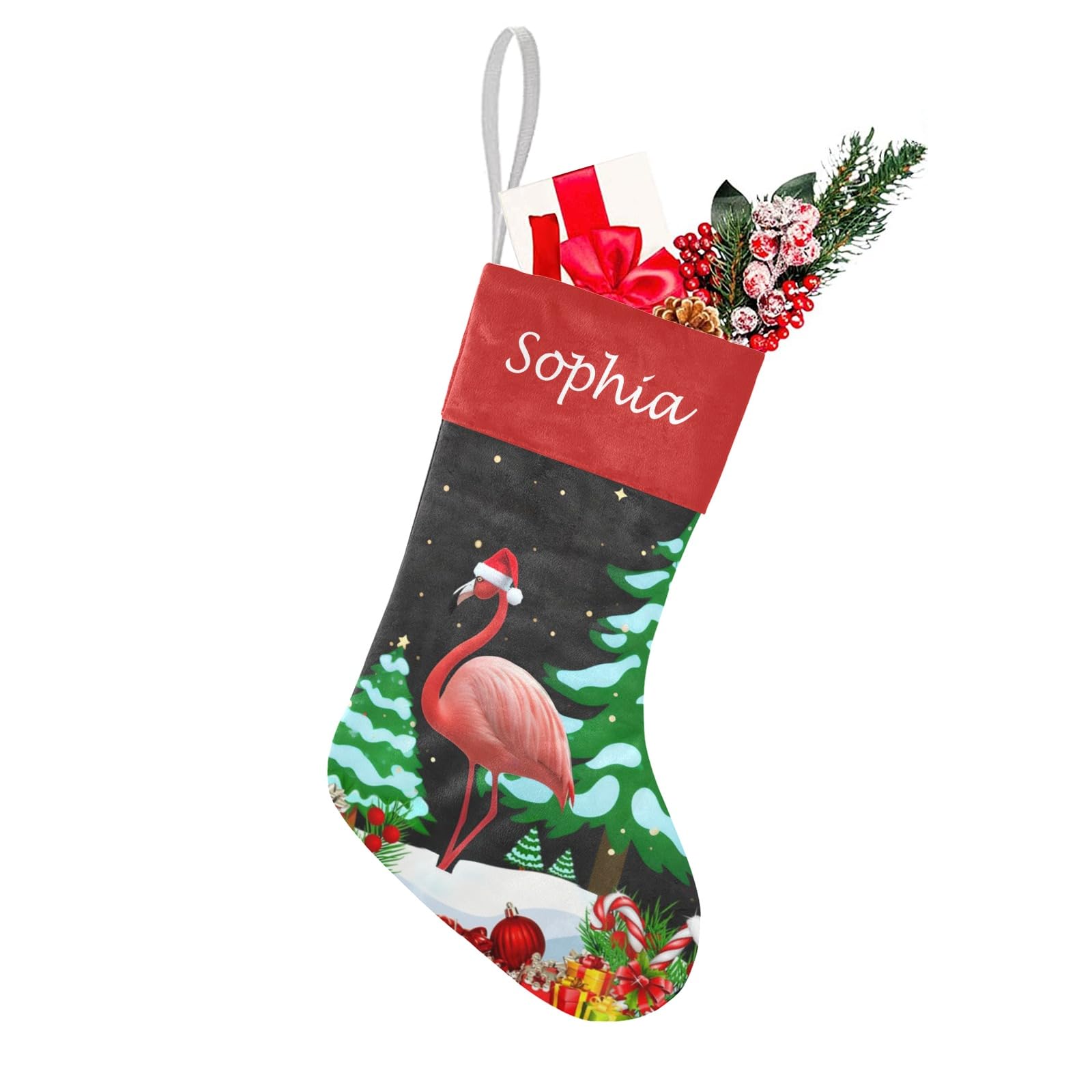 Flamingo Animal Christmas Tree Hat Christmas Stockings Custom Personalized Name Xmas Festive Gift Decor Family Party 17.52 x 7.8