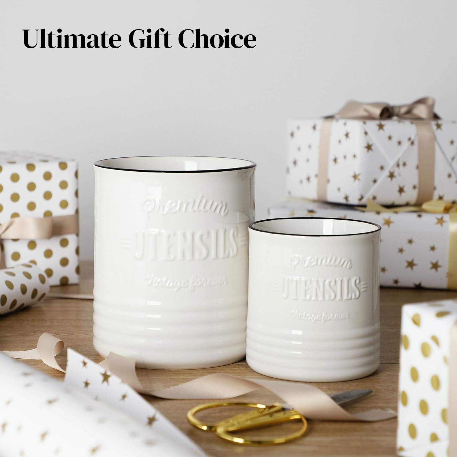 DOWAN 7.2'' Extra Large Kitchen Utensil Holder - Farmhouse Utensil Holder for Countertop - Ceramic Utensil Crock with Protection Cork Mat - Kitchen Decor & Housewarming Gift (White)