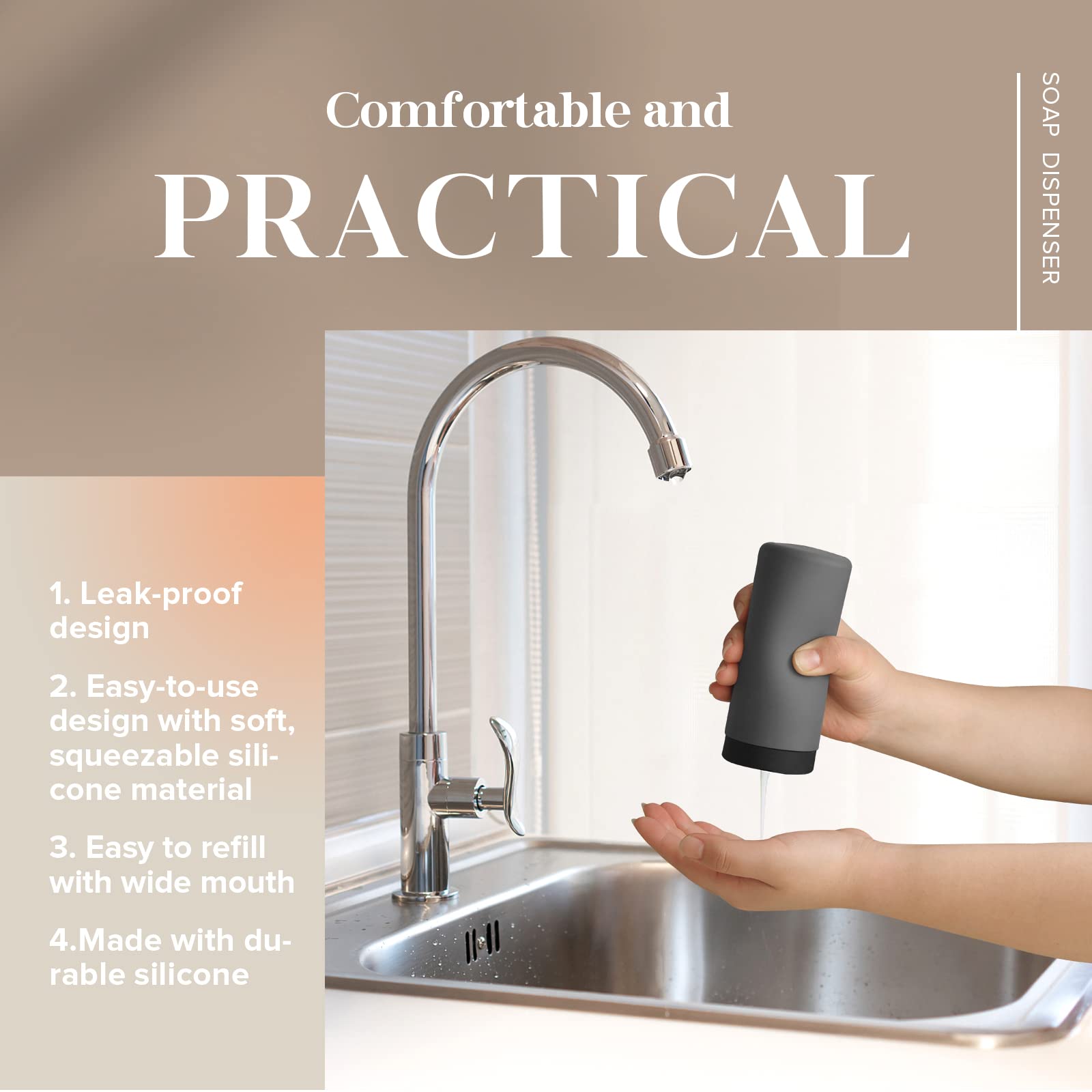 Elmridge Dish Soap Silicone Dispenser For Kitchen Sink,Squeeze Washing Up Liquid And Hand Soap,Round Refillable Silicone Bottles
